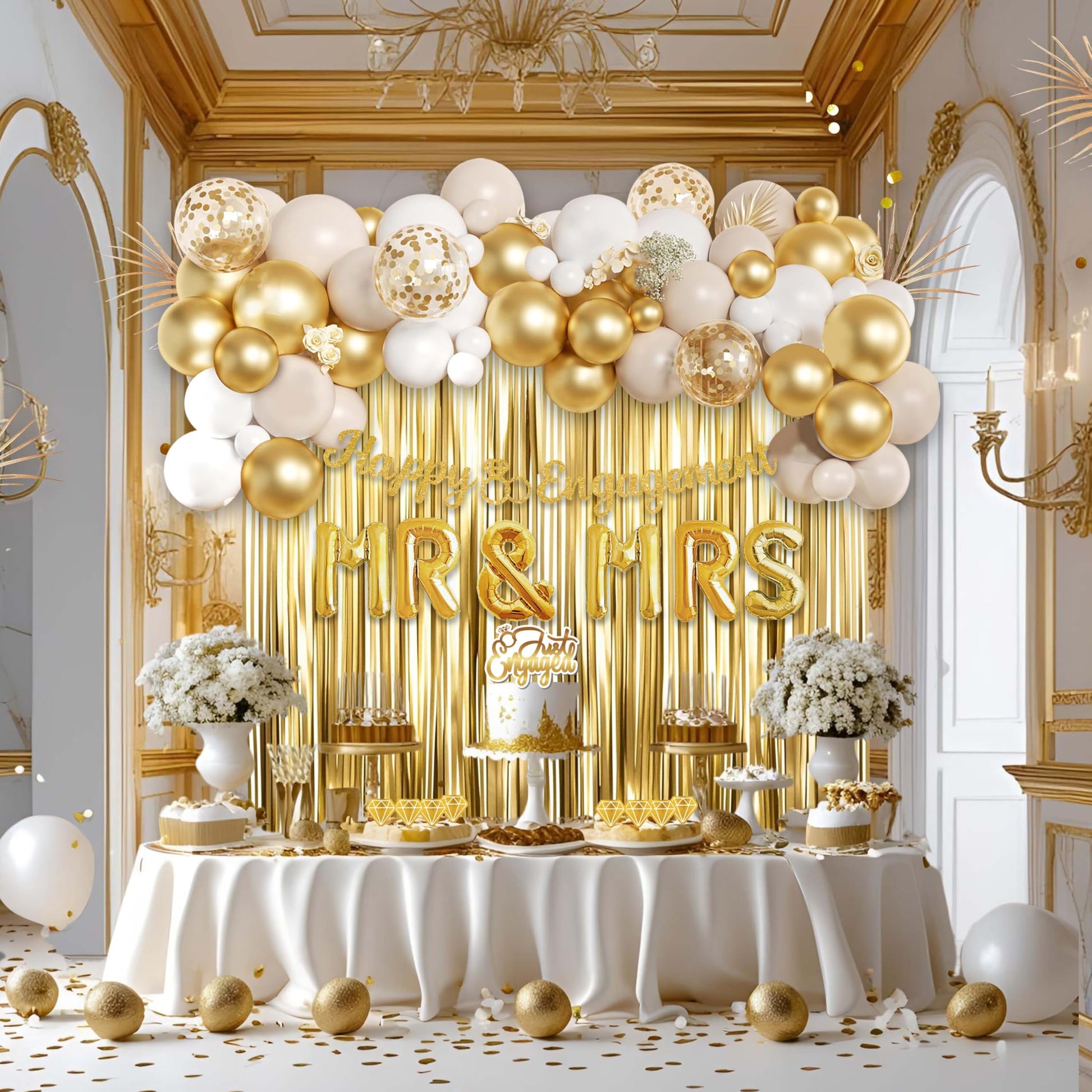 Engagement Party Decorations Set, Gold and White Balloon, MR & MRS Balloons with Foil Backdrop, Cake Toppers and Banners,Sash