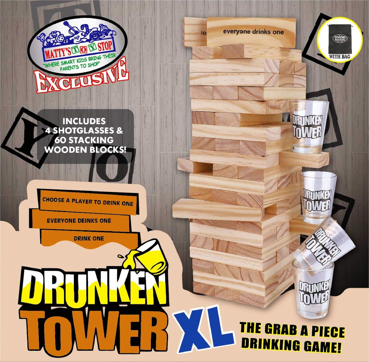 M?tty's Toy Stop Deluxe 60pc XL Wood Drunken Tower The Grab A Piece Drinking Game with Shot Glasses & Storage Bag