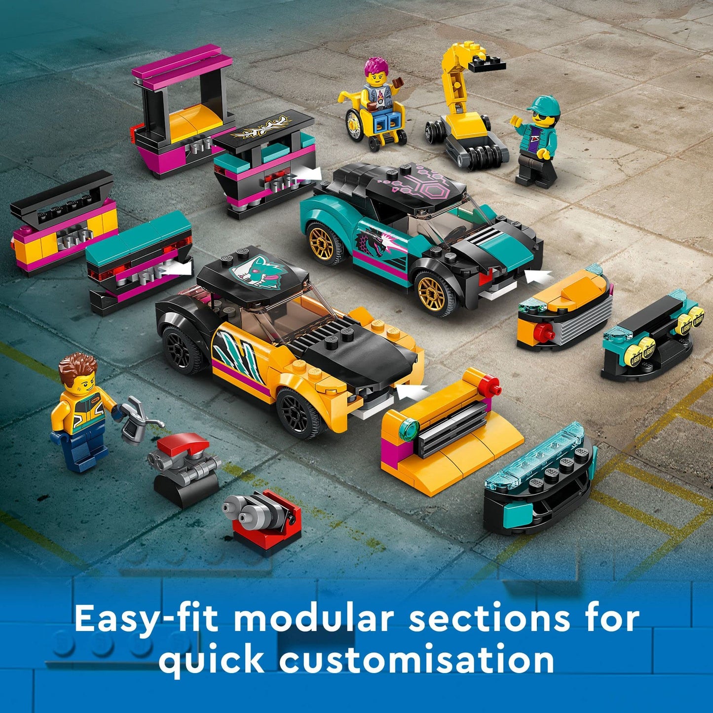 LEGO City Custom Car Garage 60389, Toy Garage Building Set with 2 Customizable Cars and Car Accessories, Pretend Play Mechanic Toy with 4 Minifigures