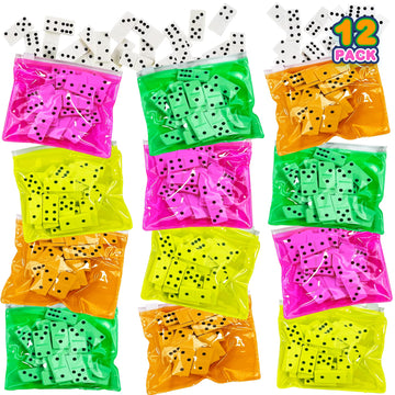 ArtCreativity Domino Game Set - Pack of 12 - Each Domino Set Includes 28 Pieces Per Neon Pink, Yellow, Green and Orange Bags - Great School, Carnival