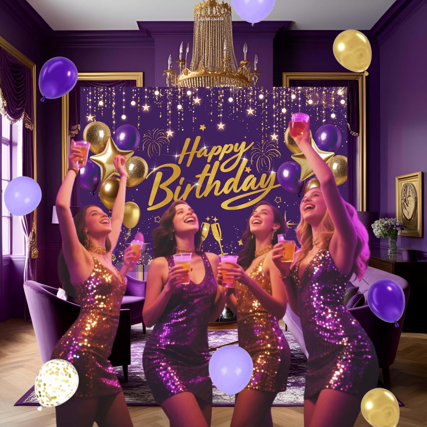 Purple and Gold Birthday Decorations for Women,Party Supplies with Happy Birthday Backdrop,Balloon Garland Arch Kit For Girls