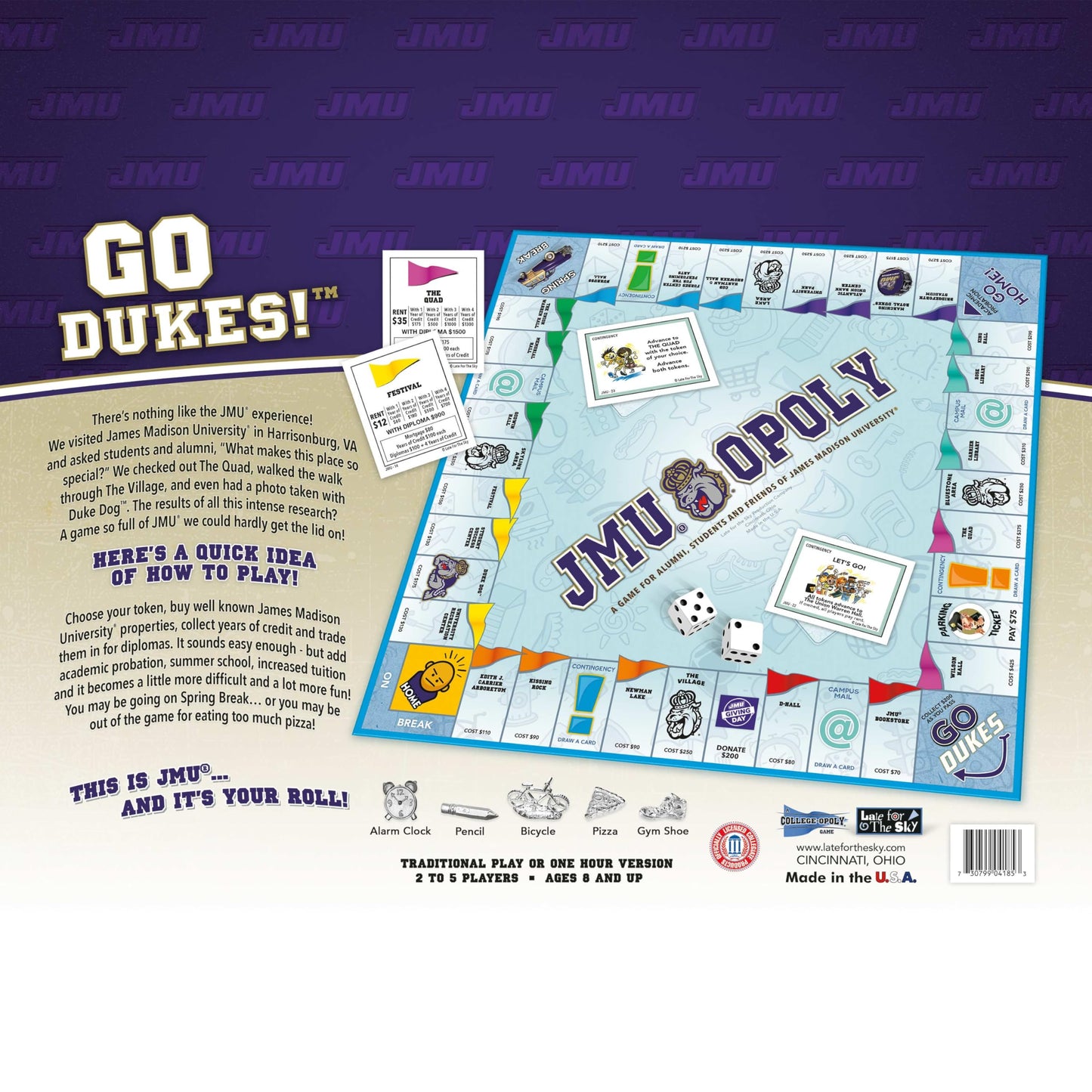 Late For The Sky: JMU-Opoly - James Madison University Themed Family Board Game, Opoly-Style, Traditional Play Or 1 Hr Version, Ages 8+, 2-5 Players