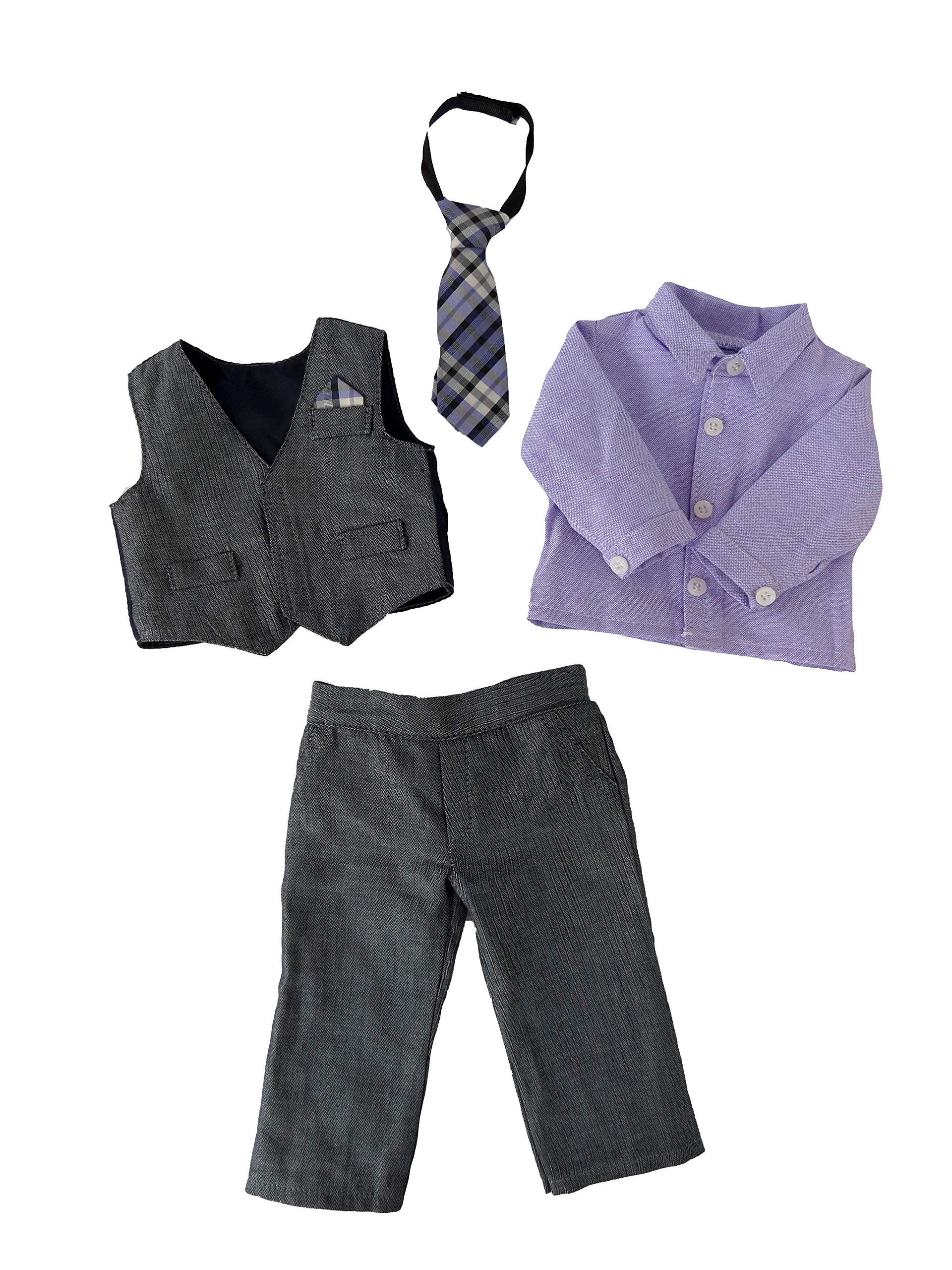 American Fashion World Boy’s Gray and Purple Formal Outfit for 18-Inch Dolls | Premium Quality & Trendy Design | Dolls Clothes | Outfit Fashions for