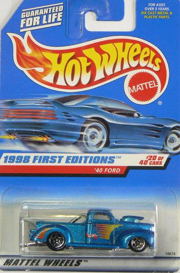 Hot Wheels - 1998 First Editions - 1940 Ford Pickup - Die Cast - #20 of 40 Cars - Blue Metallic Paint - Collector #654 - Limited Edition - Collectible