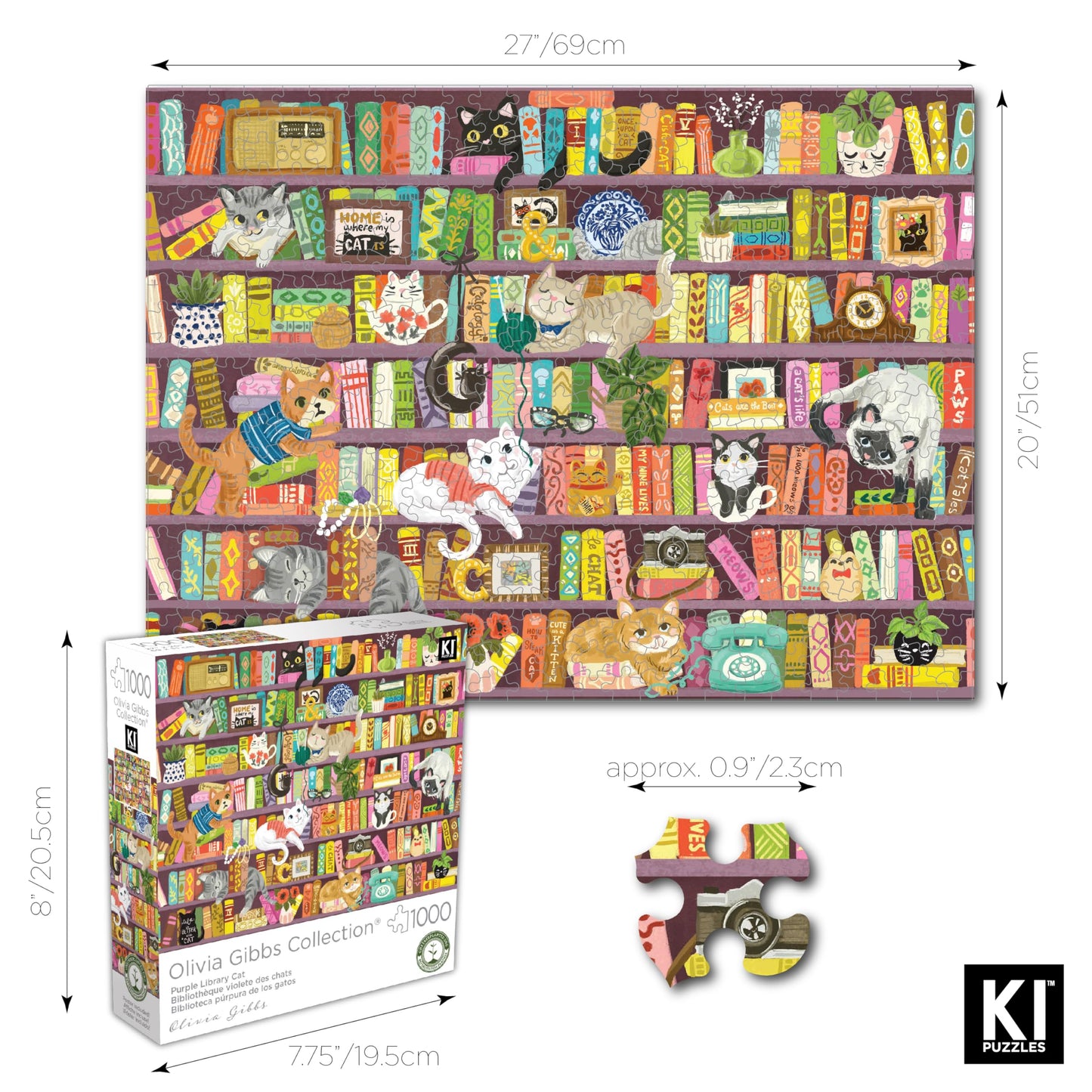PLAYVIEW 1000 Pc Olivia Gibbs - Purple Cat Library - 27x20 Jigsaw Puzzle for Adults, Hard and Challenging Puzzle, Cute Cat Library Design, Difficult