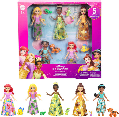 Mattel Disney Princess & Friends Set with 5 Posable Small Dolls in Removable Skirts or Pants & 5 Friend Figures, Inspired by the Disney Movies