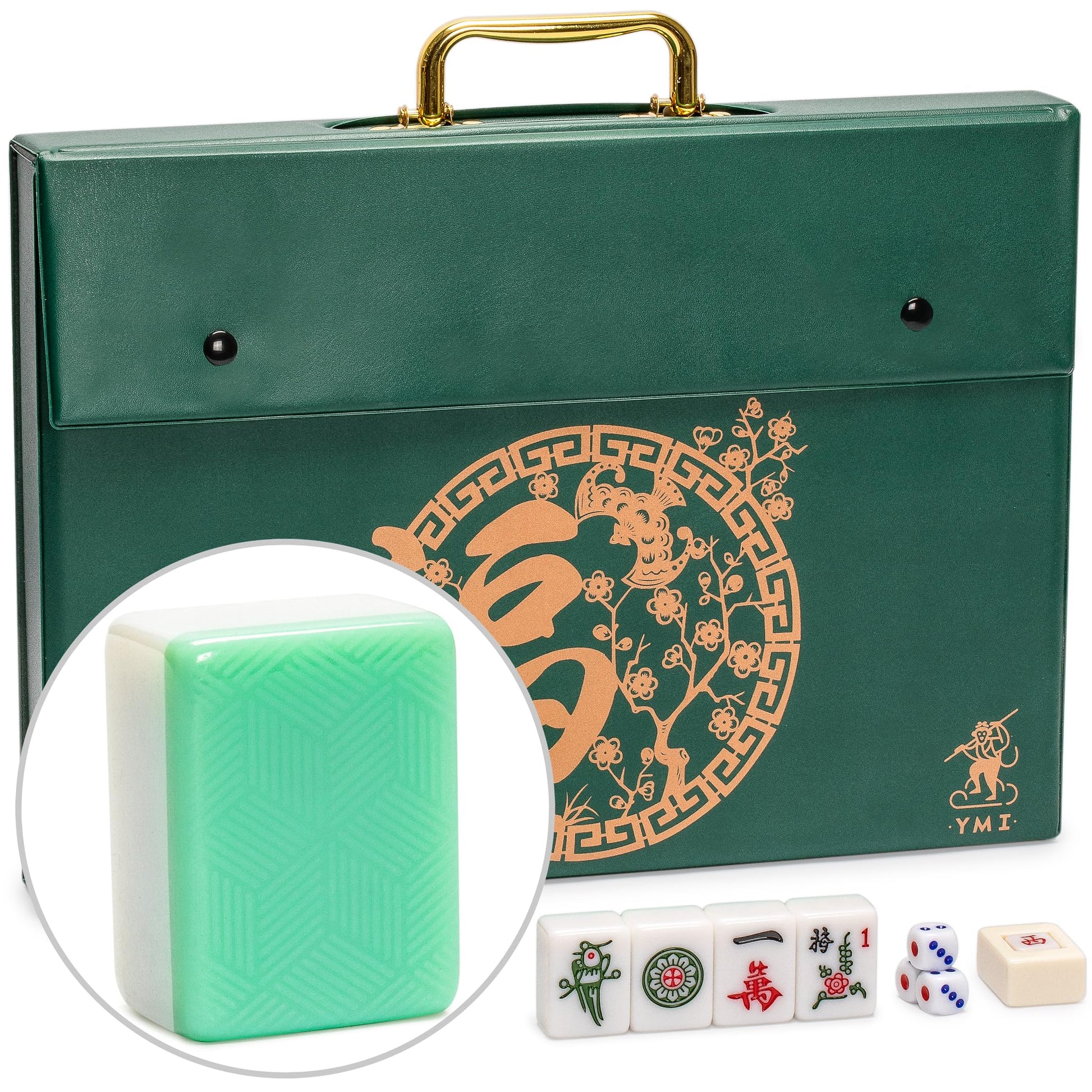 Yellow Mountain Imports "Emerald Weave Chinese Mahjong Set, with 146 Large 1.6-Inch Tiles, Green Vinyl Case, Wind Indicator and Dice - for Chinese
