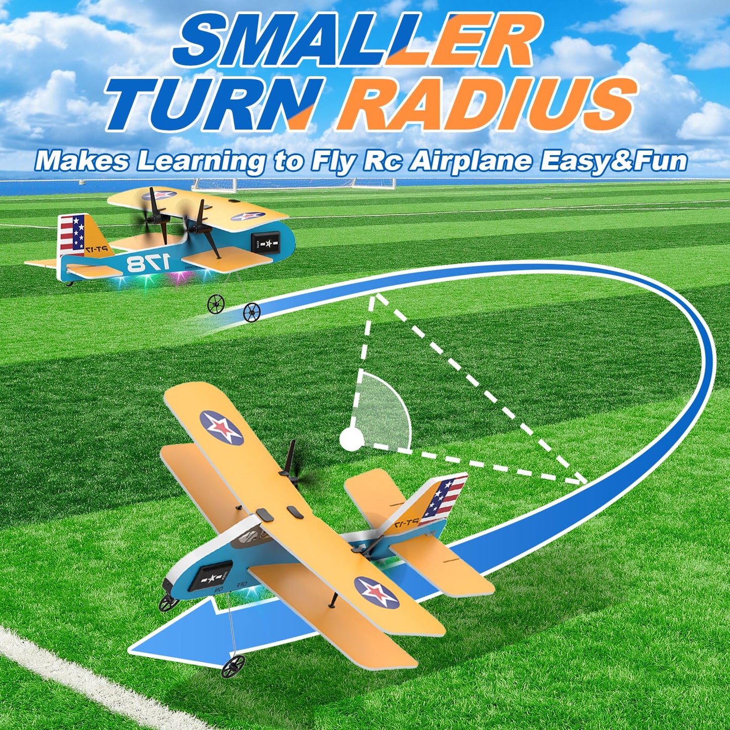 Toileum RC Plane, 2.4Ghz Remote Control Airplane with 3 Batteries & 6-axis Gyro Stabilizer, 2 Channel RTF PT-17 RC Toy, Easy to Fly for Beginners Kids
