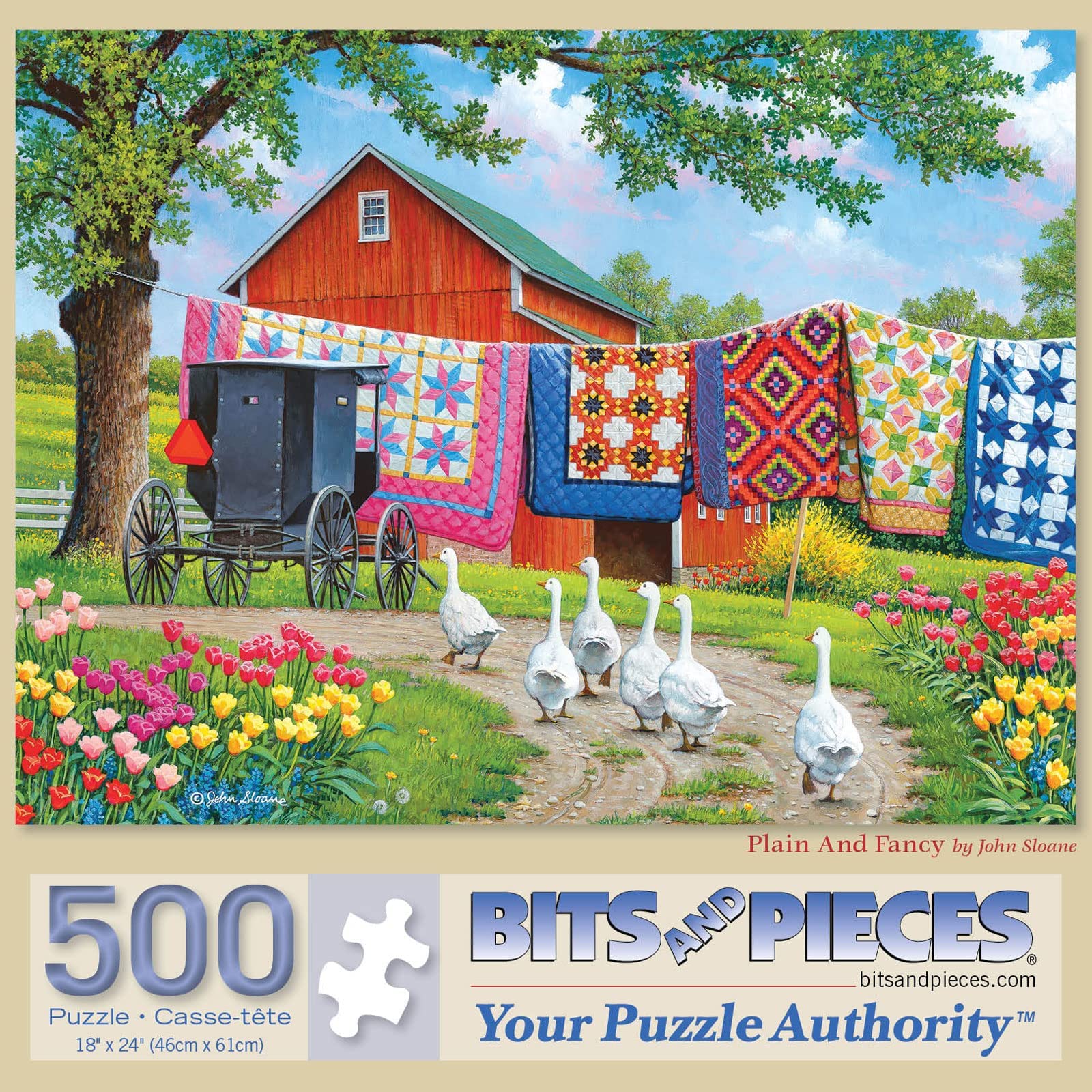 Bits and Pieces - 500 Piece Jigsaw Puzzle for Adults - Plain and Fancy - Geese Farm Quilt Laundry Car Jigsaw Puzzle by Artist John Sloane, Completed