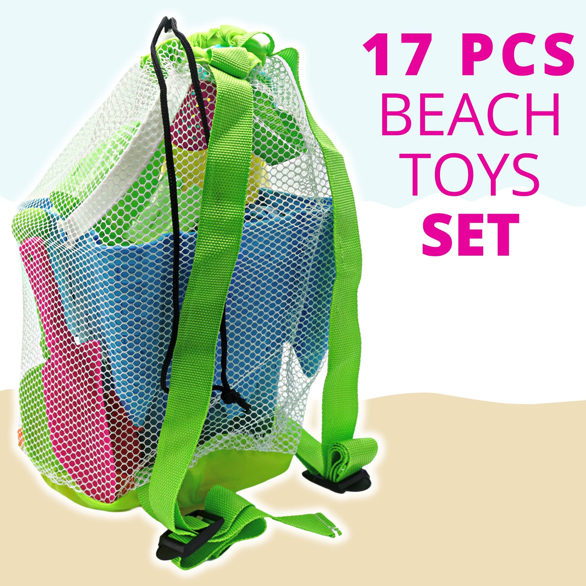 4E's Novelty Beach Toys for Kids with Bag (17 Pcs Set) Castle Beach Bucket with Shovels & Molds Kit - Sand Toys Set for Toddlers with Mesh Beach Bag