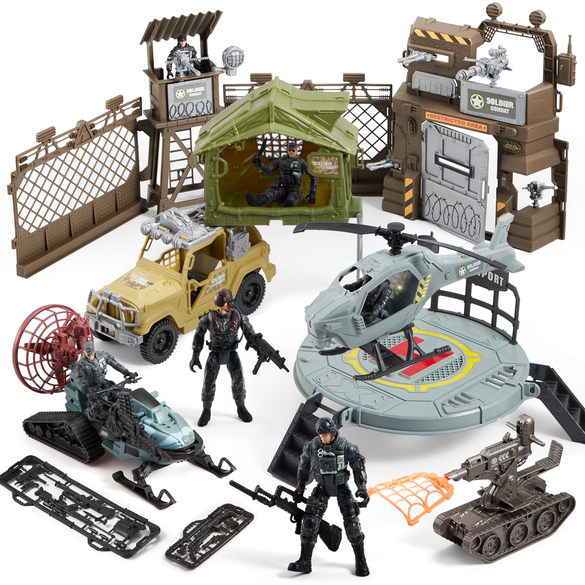 SYNCFUN Military Toy Set with Army Base, Vehicles, Action Figures & Weapon Accessories, Helicopter with Light & Sound - Christmas Birthday Gift