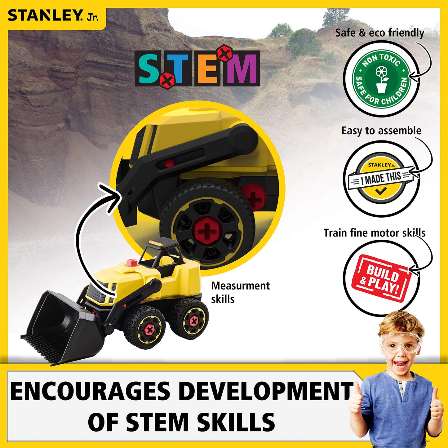 Stanley Jr Take Apart Front Loader Kit for Kids TT002-SY: Children’s 25 Piece Yellow STEM Construction Toy with Figure, Screwdriver, Bolts for Ages 3+