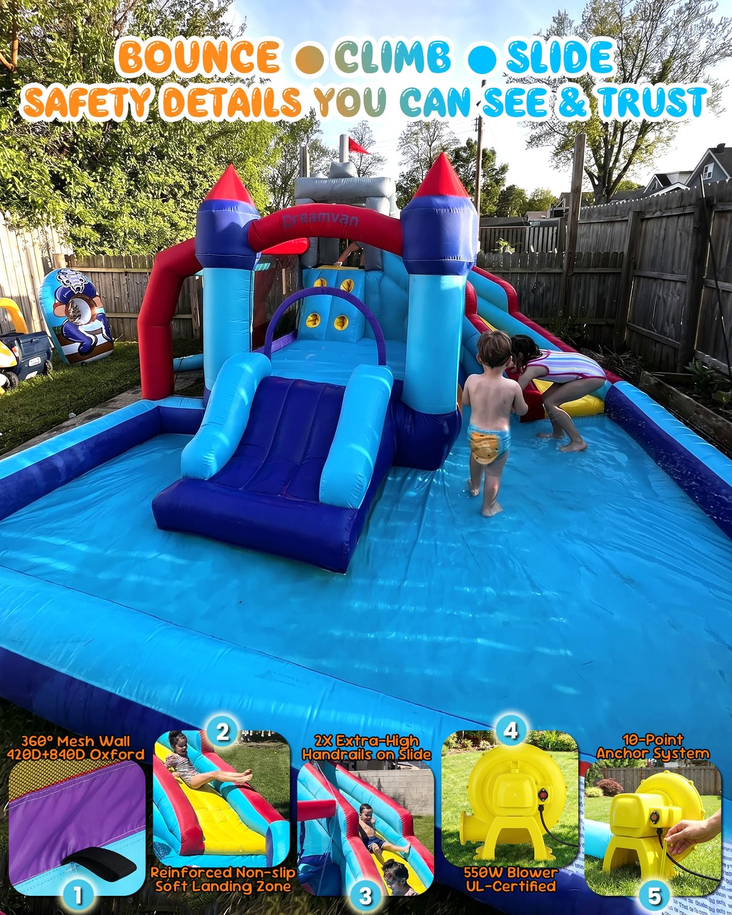 Whubefy 13FT Classic Inflatable Bounce House Water Slide Park for Kids 3-8
