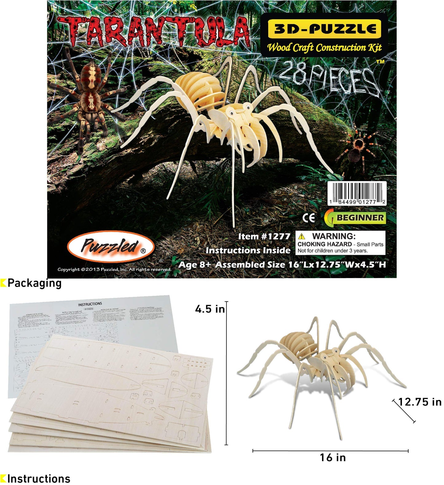 Puzzled 3D Puzzle Tarantula Spider Wood Craft Construction Model Kit, Fun & Educational DIY Wooden Toy Assemble Model Unfinished Crafting Hobby Puzzle