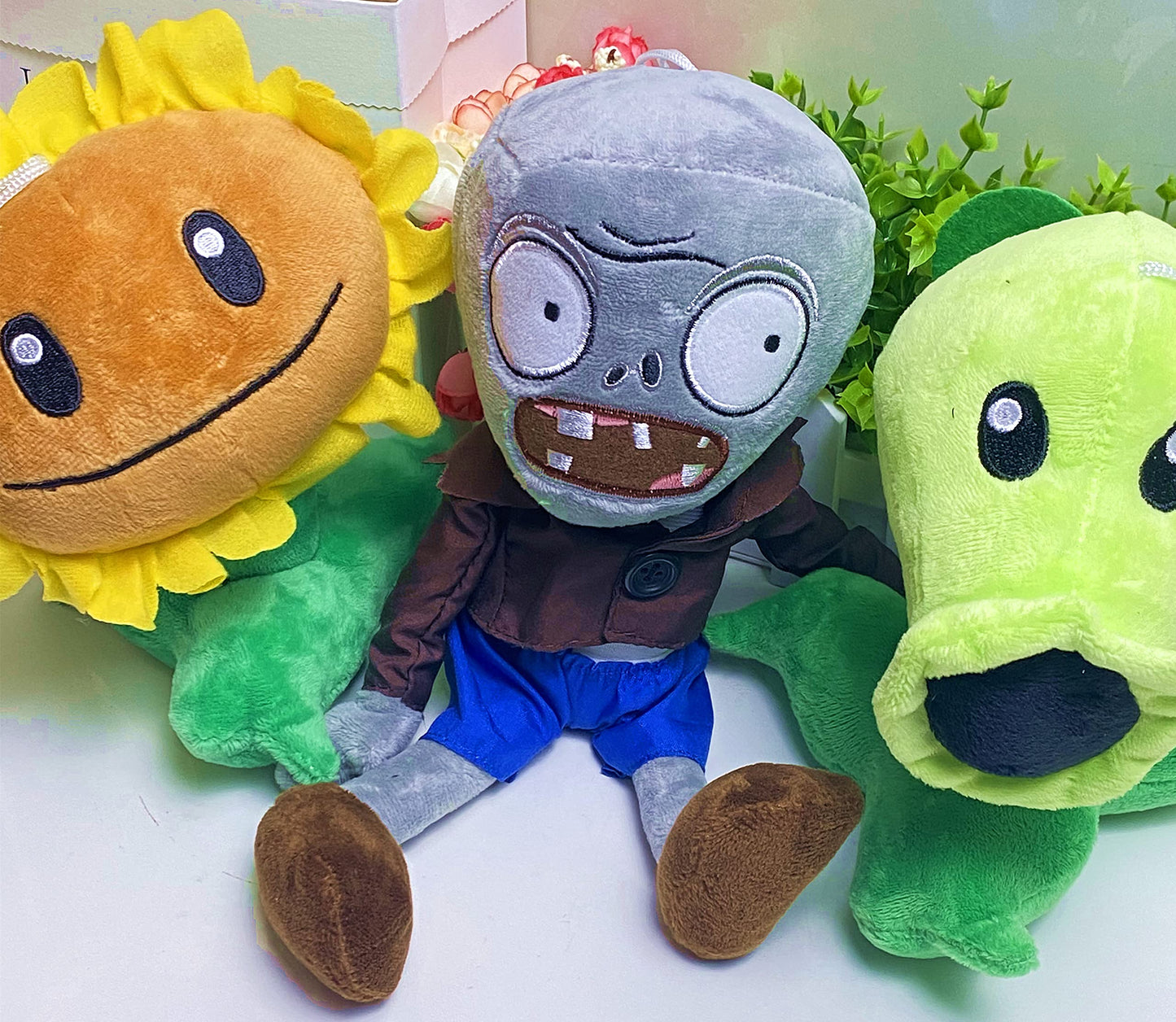 BASHERISE 3 PCS PVZ Plant Plush Normal Sets Toys Sunflower, Green Pea, Gray Zombies, Brown Coat Toys Figure Doll, Great Gift for Christmas, Birthday