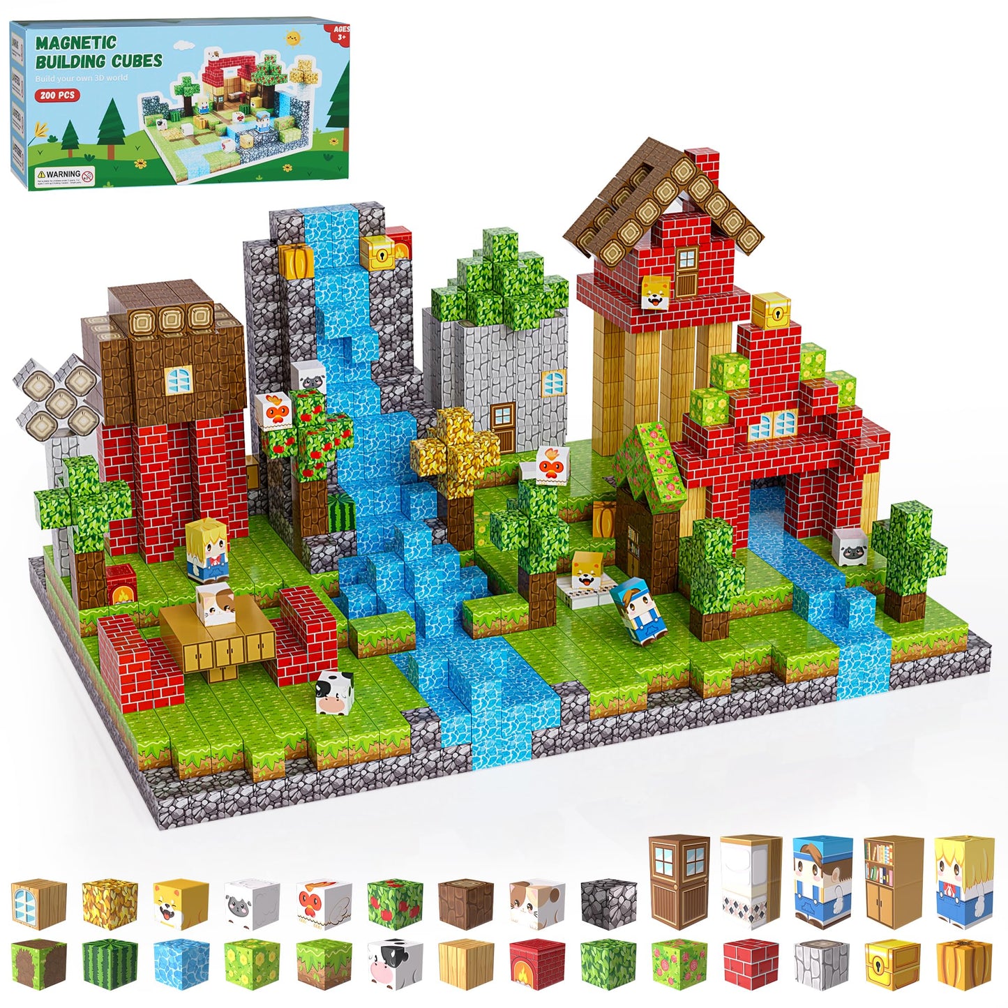 Fitrobust 200PCS Magnetic Building Blocks Set, Magnetic Tiles Kids Build Cubes STEM Game Toys, Build Forest World Set, Christmas Birthday Gifts
