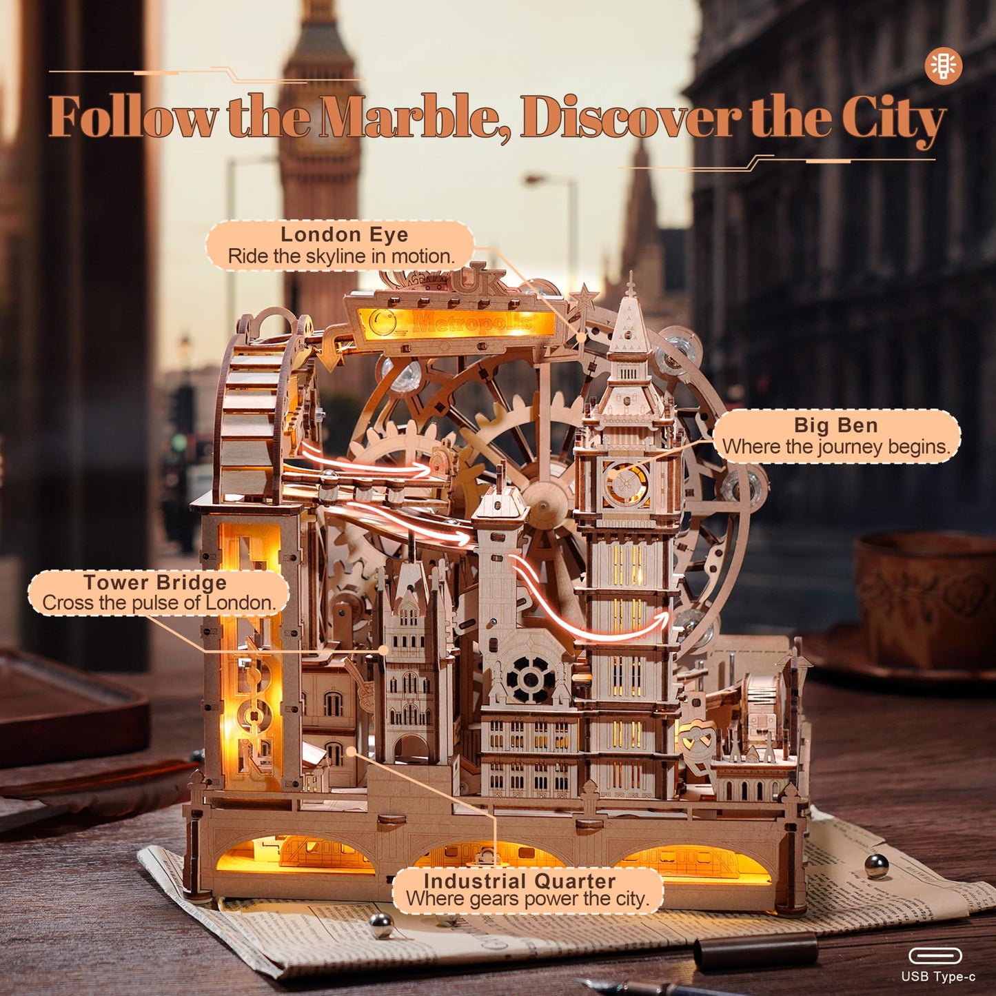 ROBOTIME Wooden Town Marble Run - 3D Wooden Puzzles for Adults EGB01 Night City Marble Run Kit - Wooden Puzzle Models for Adults to Build