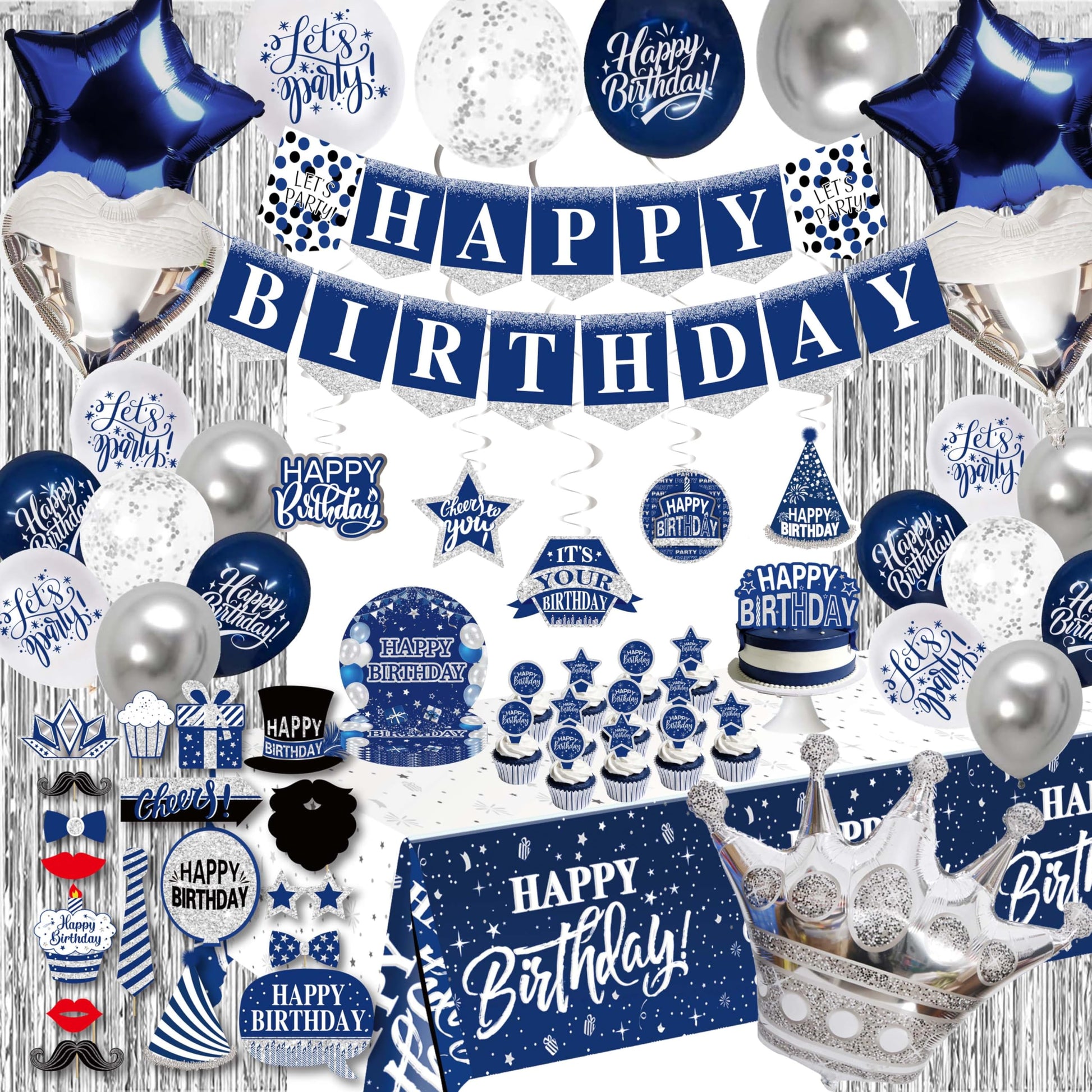 Birthday Decorations Men Blue - (Total 89pcs) blue party Banner, Pennant, Hanging Swirl, Foil Backdrops, balloons, Tablecloths, cupcake Topper