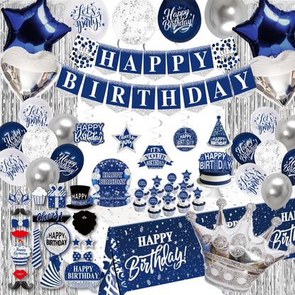 Birthday Decorations Men Blue - (Total 89pcs) blue party Banner, Pennant, Hanging Swirl, Foil Backdrops, balloons, Tablecloths, cupcake Topper