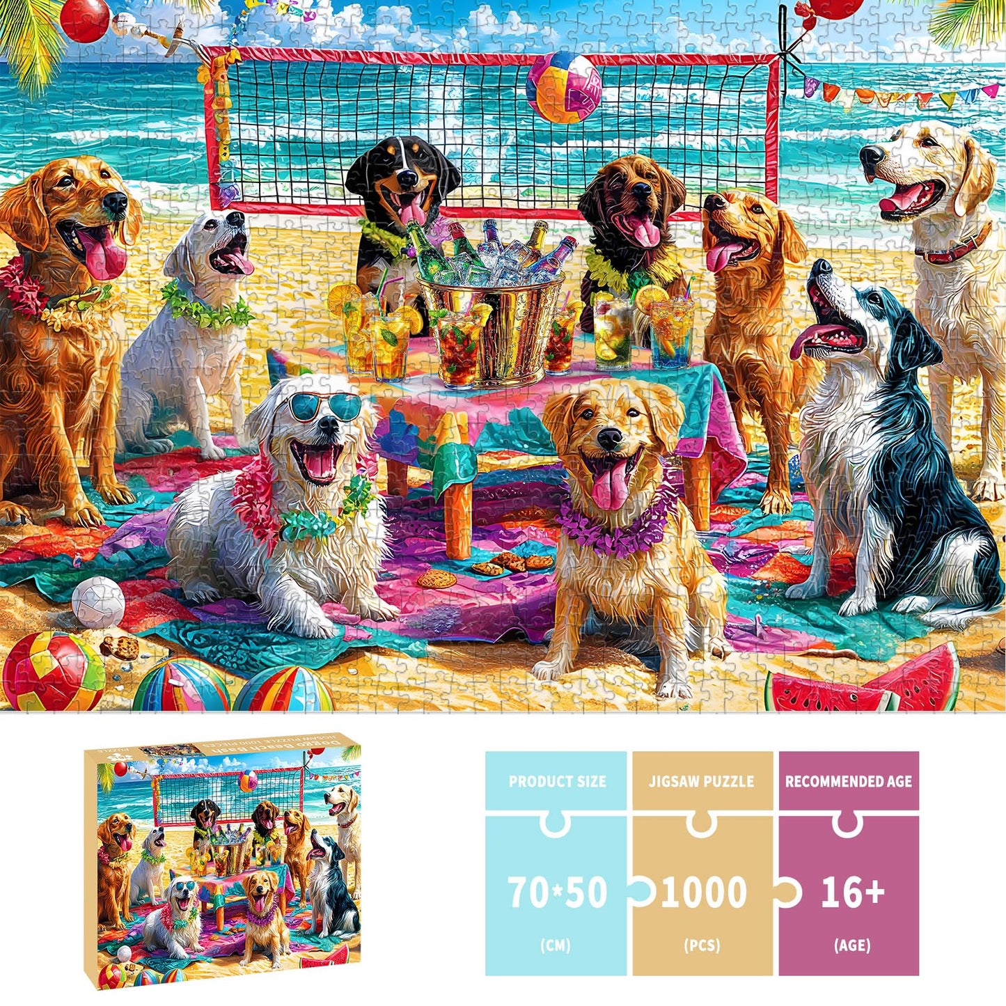 Puzzles for Adults 1000 Pieces, Dog Jigsaw Puzzles 1000 Pieces - Doggo Beach Bash, Party Decor Impossible Puzzle, Finished Size 27.56 * 19.69",