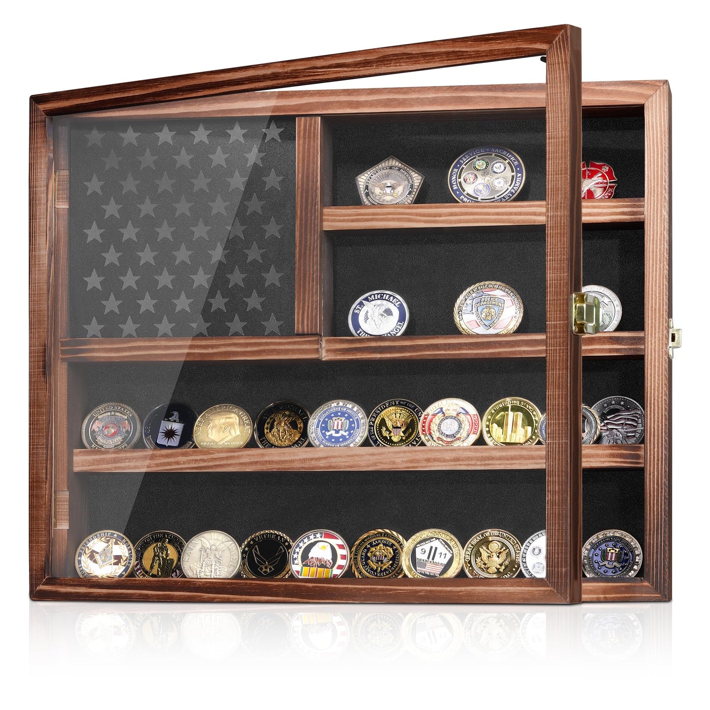 MOCAS Challenge Coin Display Case, Lockable Military Coin Holder Cabinet with Removable Star Board & HD Tempered Glass Door, Solid Wood Wall Mount