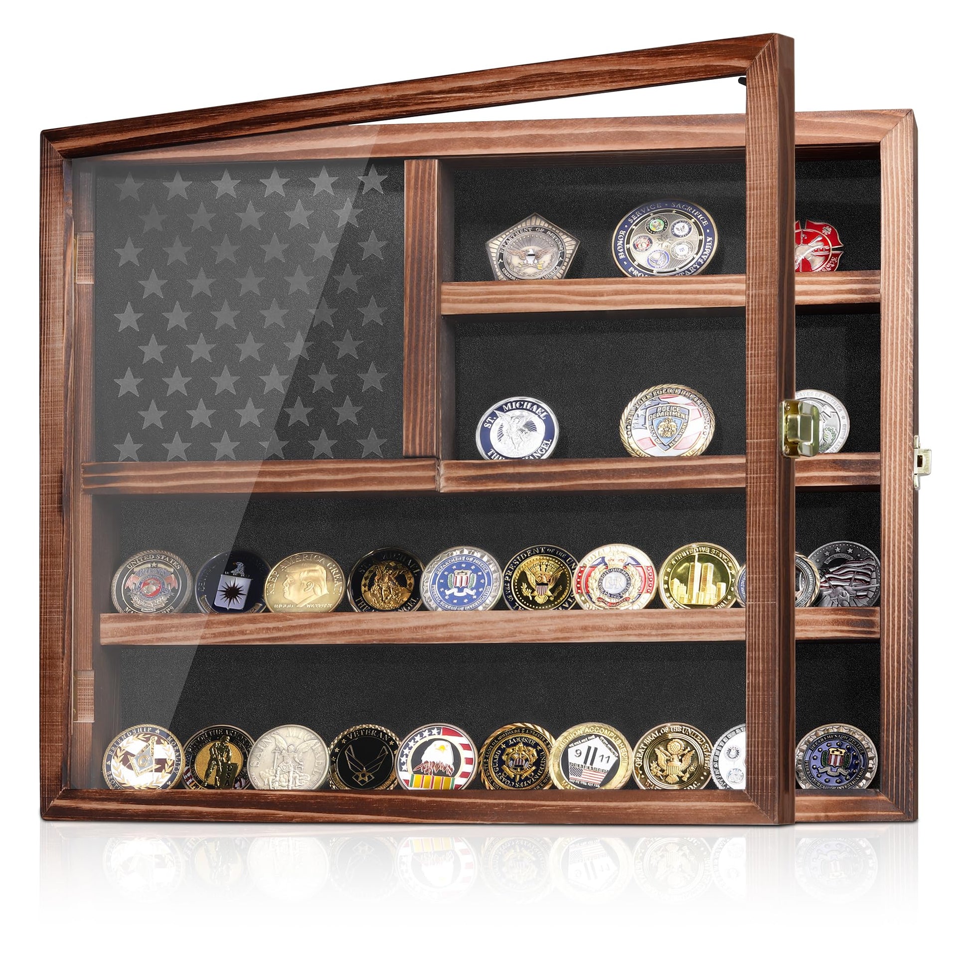 MOCAS Challenge Coin Display Case, Lockable Military Coin Holder Cabinet with Removable Star Board & HD Tempered Glass Door, Solid Wood Wall Mount