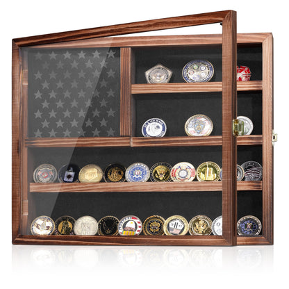 MOCAS Challenge Coin Display Case, Lockable Military Coin Holder Cabinet with Removable Star Board & HD Tempered Glass Door, Solid Wood Wall Mount