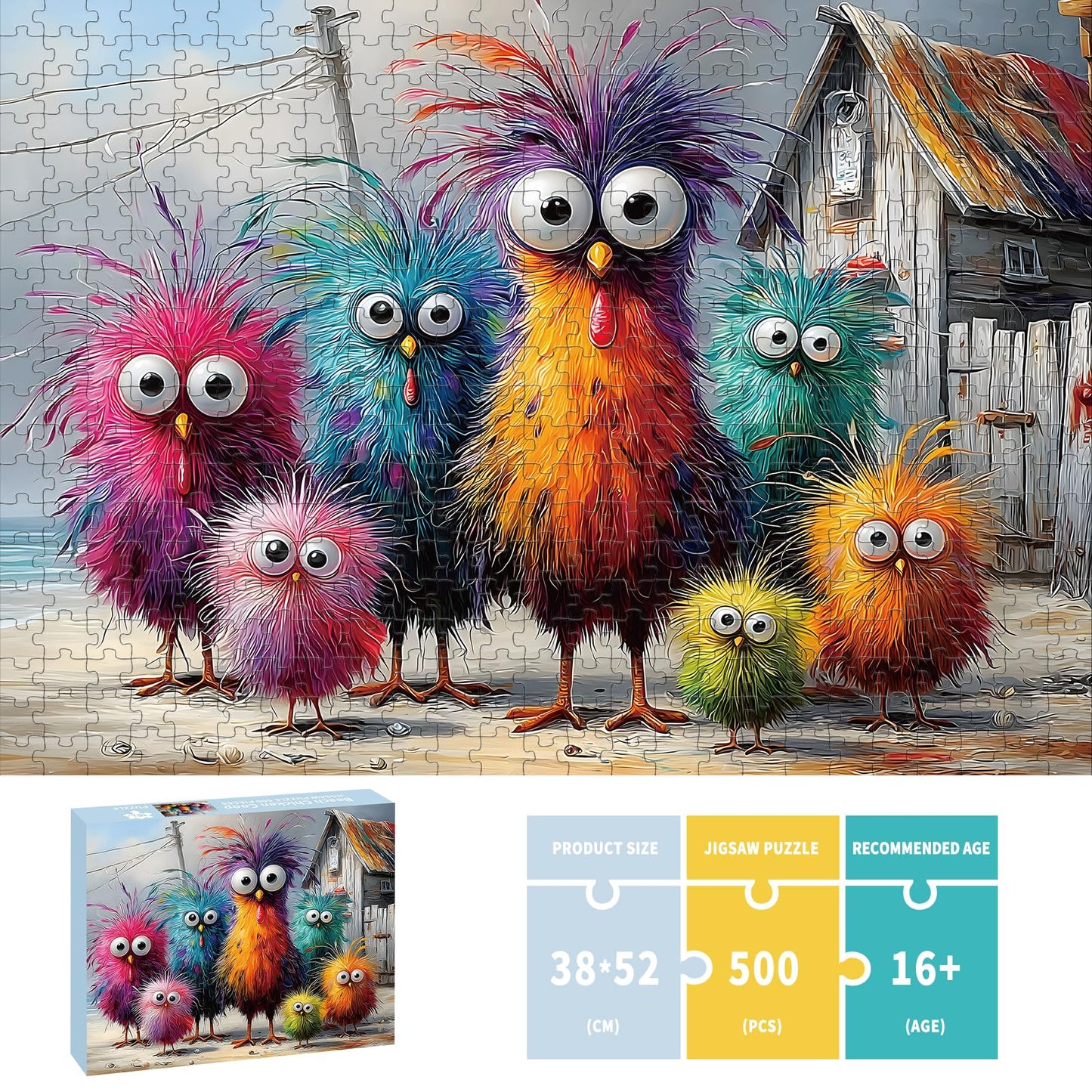 Puzzles for Adults 500 Pieces, Chicken Jigsaw Puzzles - Beach Chicken Coop, Impossible Beach Puzzles for Seniors Family, 20.47x14.96 inches, 1:1