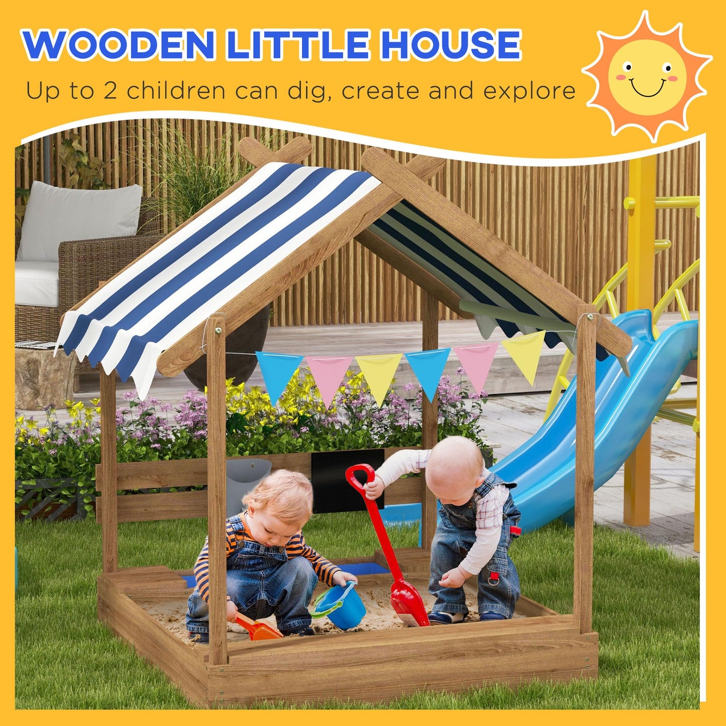 Outsunny Wooden Sandbox with Canopy for 3-7 Years Old 49"x46"x57.5" Brown