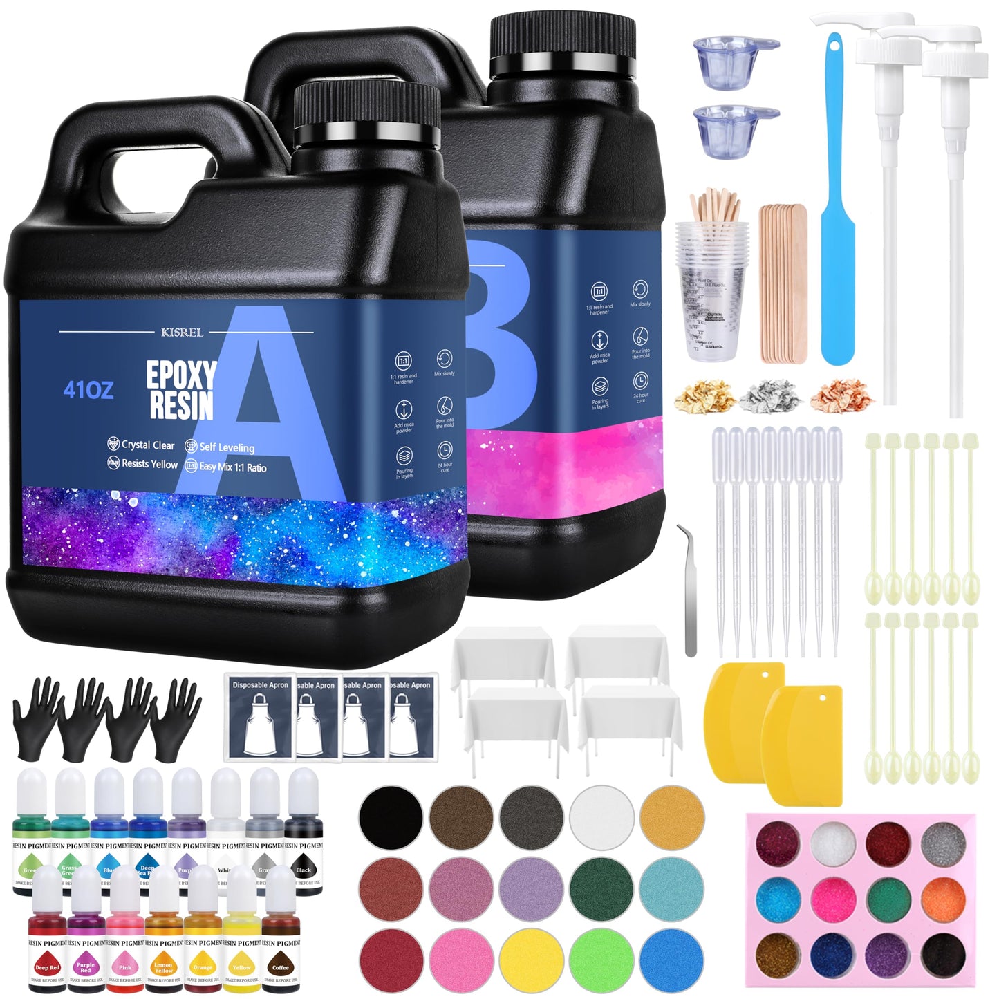 KISREL Epoxy Resin 82oz - Clear Epoxy Resin Kit with 15 Pigments and 15 Colors of Mica Powders - No Yellowing No Bubble Casting Resina for Art Crafts