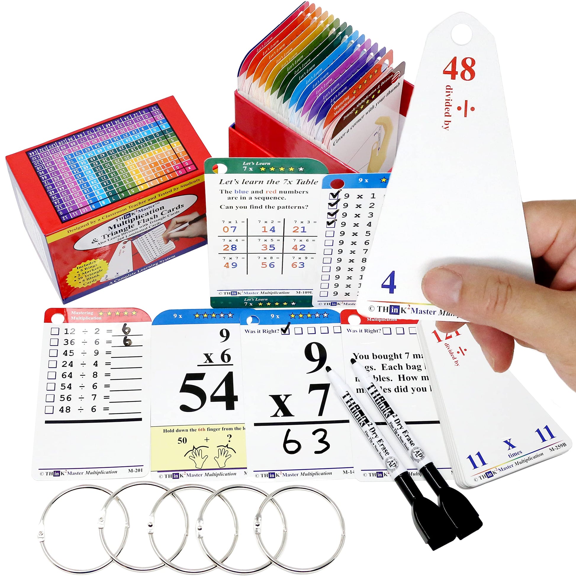 Think2Master Premium 260 Laminated Multiplication & Triangle Division Flash Cards. (All 0-12 X Facts)| Bonus: 2 Dry Erase Markers & 5 Rings. |