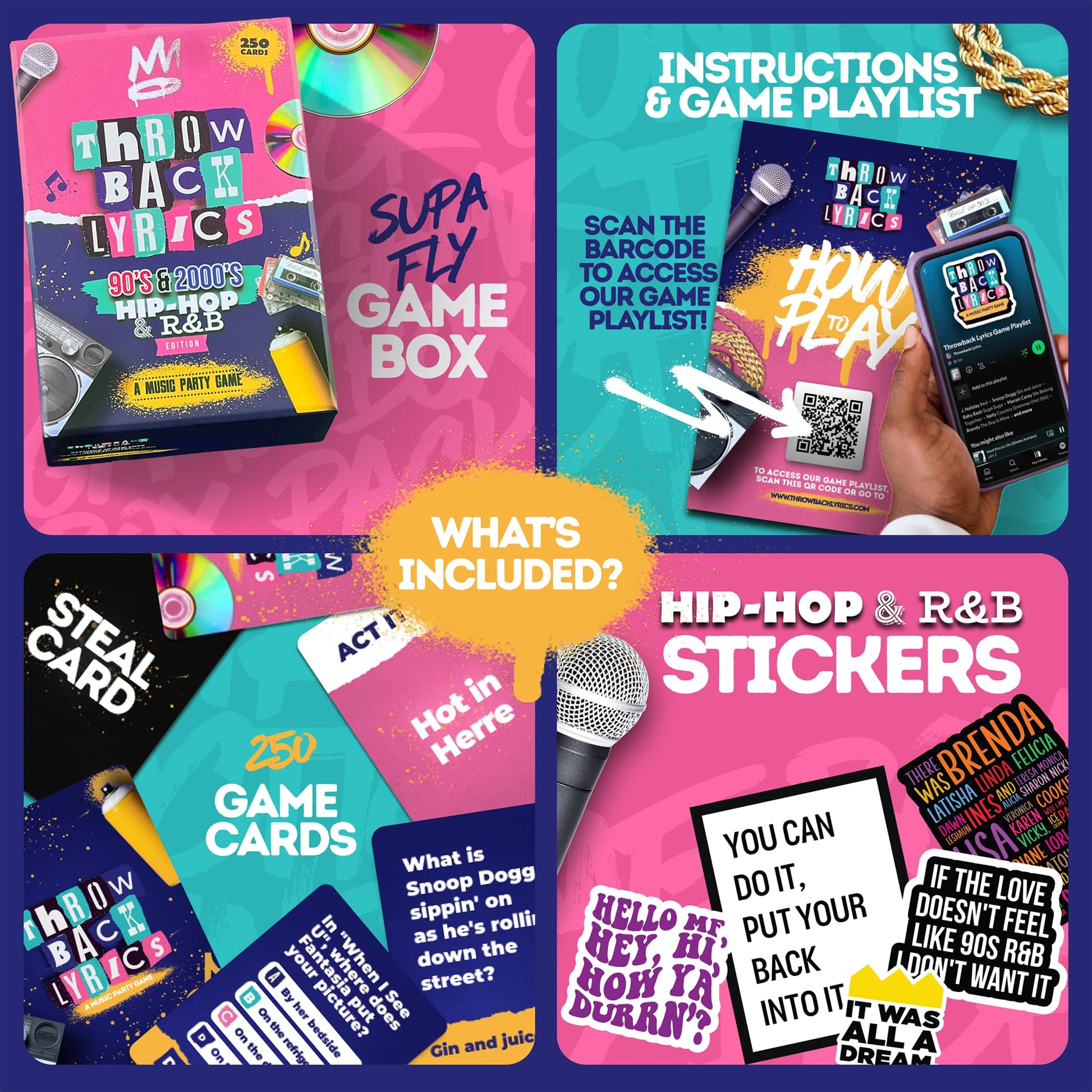 Throwback Lyrics - 90s & 2000s Hip-Hop & R&B Music Trivia & Finish the Lyrics Card Game | Charades + Steal Cards | Adult Party Game for Game Night