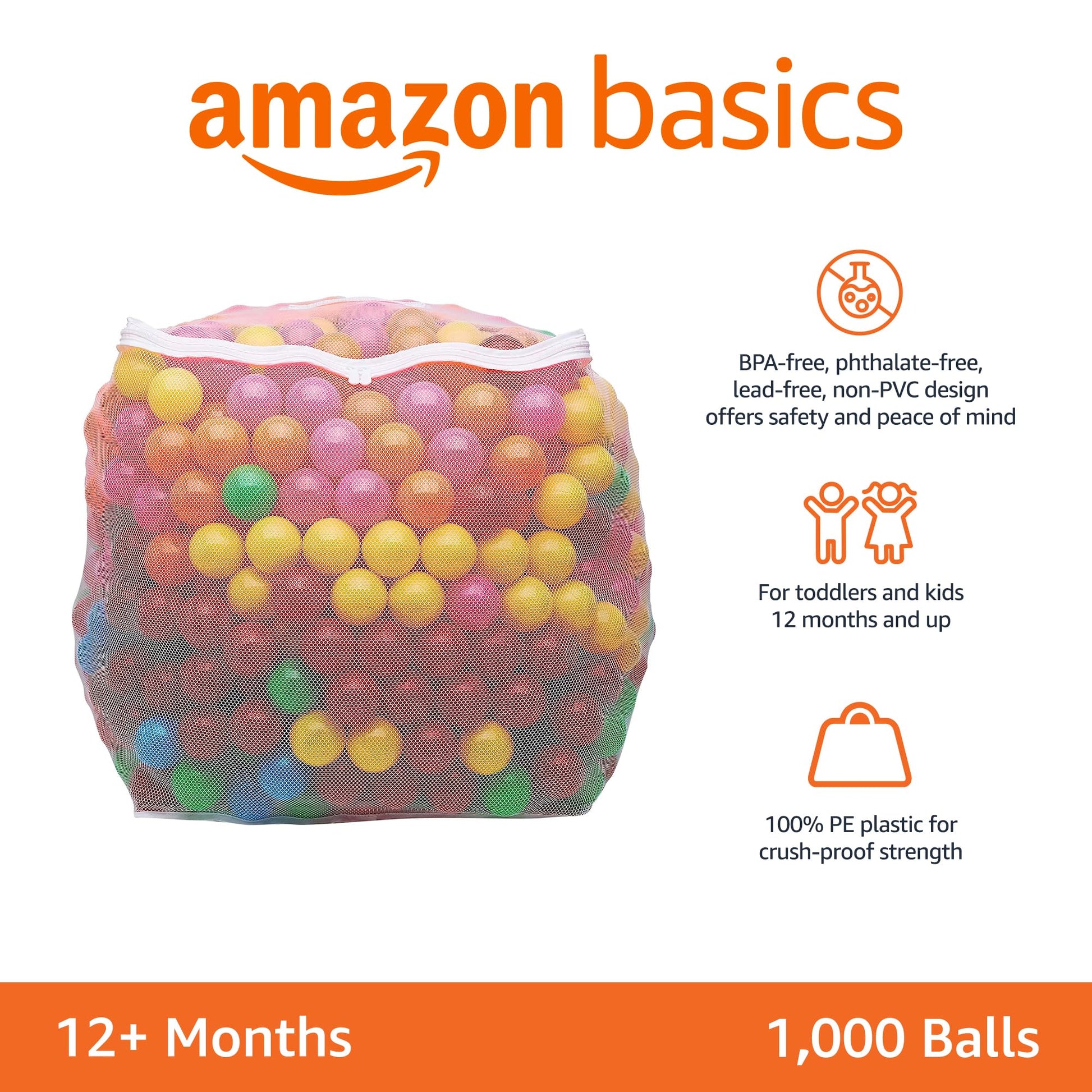 Amazon Basics BPA Free Ball Pit Balls with Storage Bag, Crush-Proof Plastic for Toddlers Kids 12+ Months Play, 6 Bright Colors, Pack of 1000