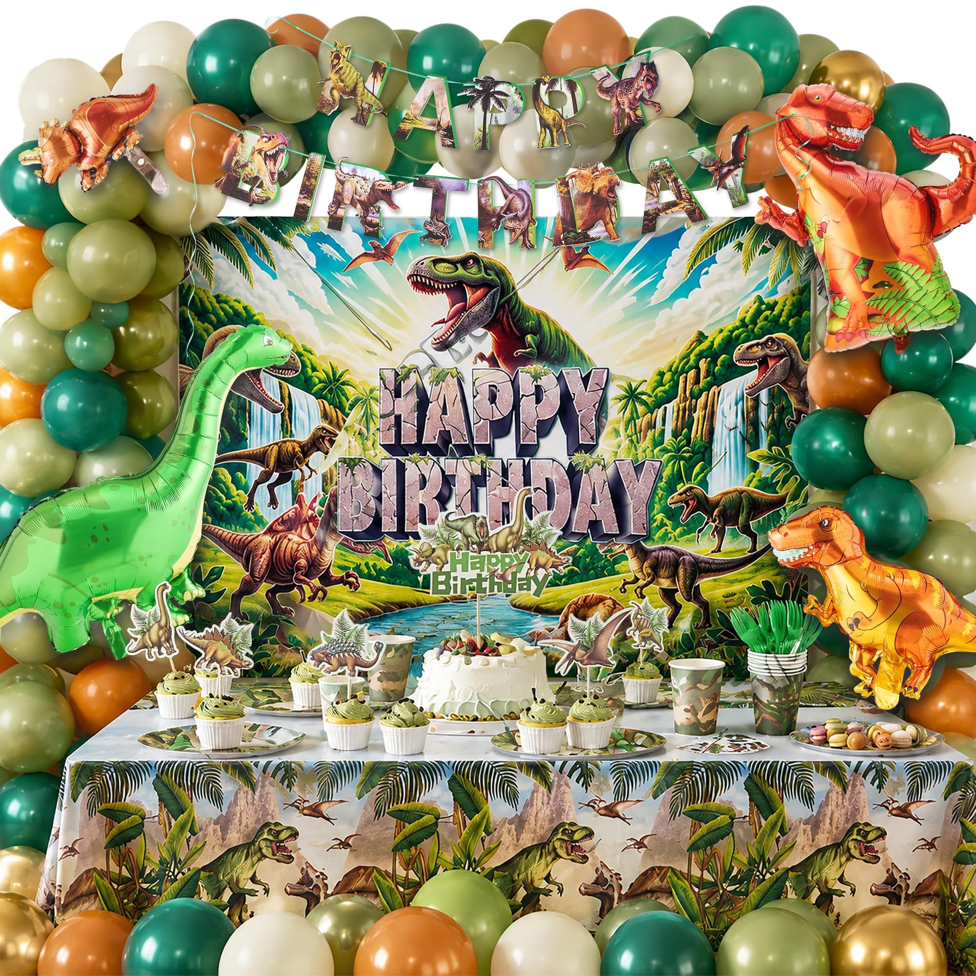 Dinosaur Birthday Decorations for Boys, 150 PCS Jurassic Dino Party Supplies with Backdrop, Dinosaur Balloons, Banner, Tablecloth, Cake Toppers