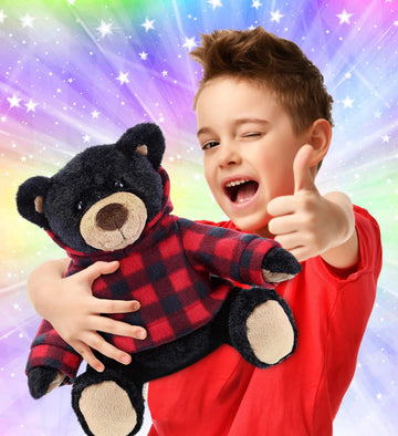 DolliBu Plush Black Bear and Moose with Red Plaid Hoodie - Soft Huggable Adorable Playtime Zoo Plush with Clothes, Cute Wildlife Cuddle Gift for Kids