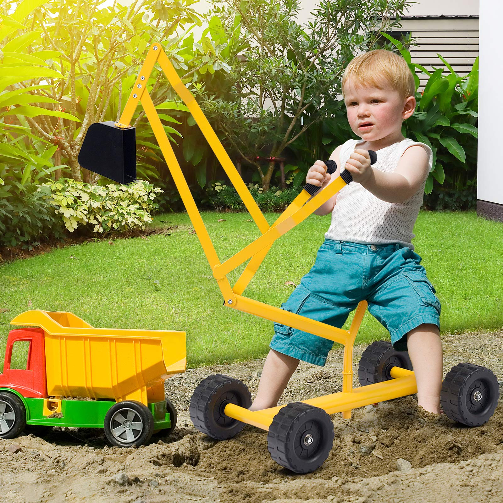 GLACER Kids Sand Digger with Wheels, Sandbox Excavator Crane with Rotatable Seat, Kids Ride on Swivel Digger for Dirt and Snow, Steel Digging Scooper