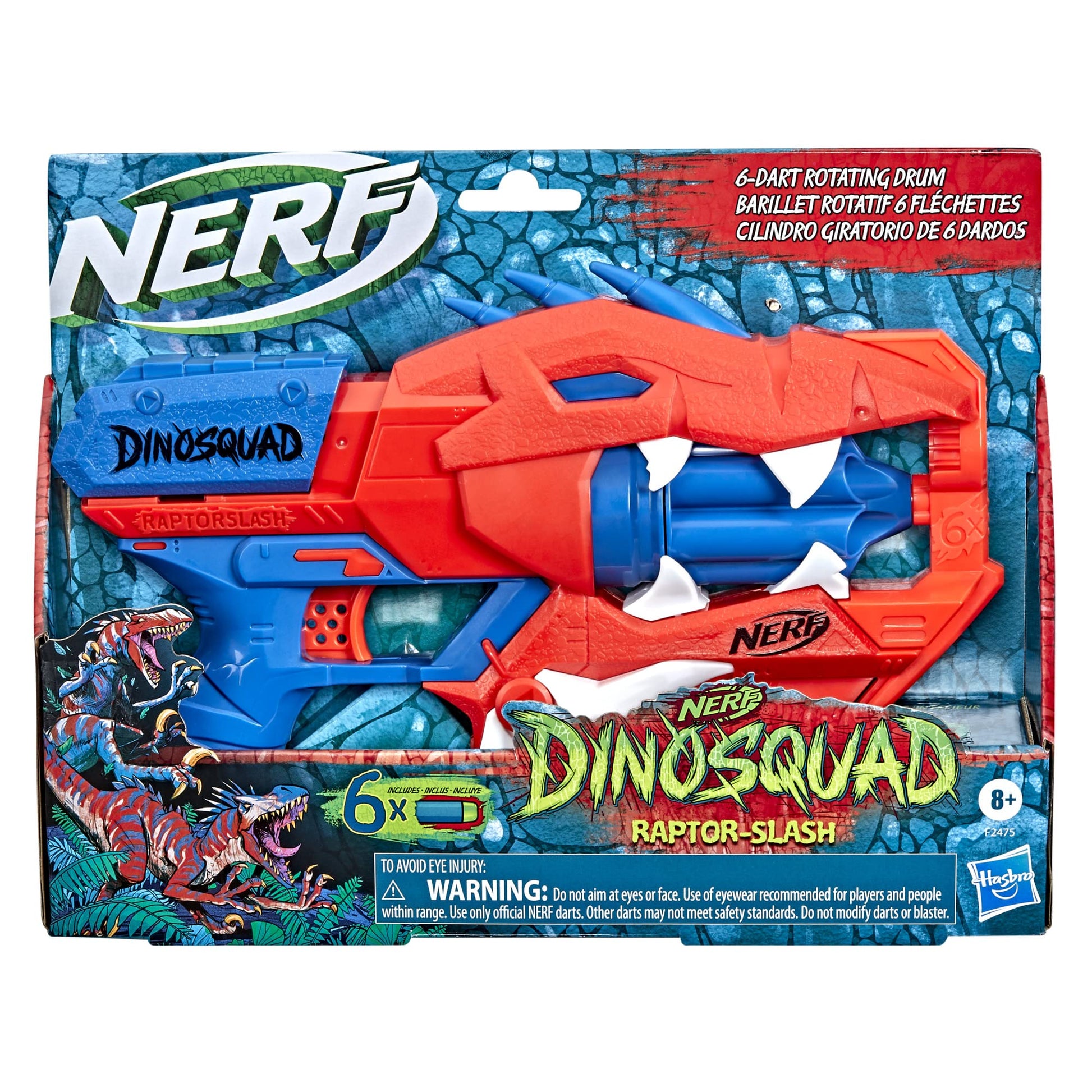 Nerf DinoSquad Raptor-Slash Dart Blaster, 6-Dart Rotating Drum, Slam Fire Action, 6 Official Elite Darts, Velociraptor Dinosaur Design