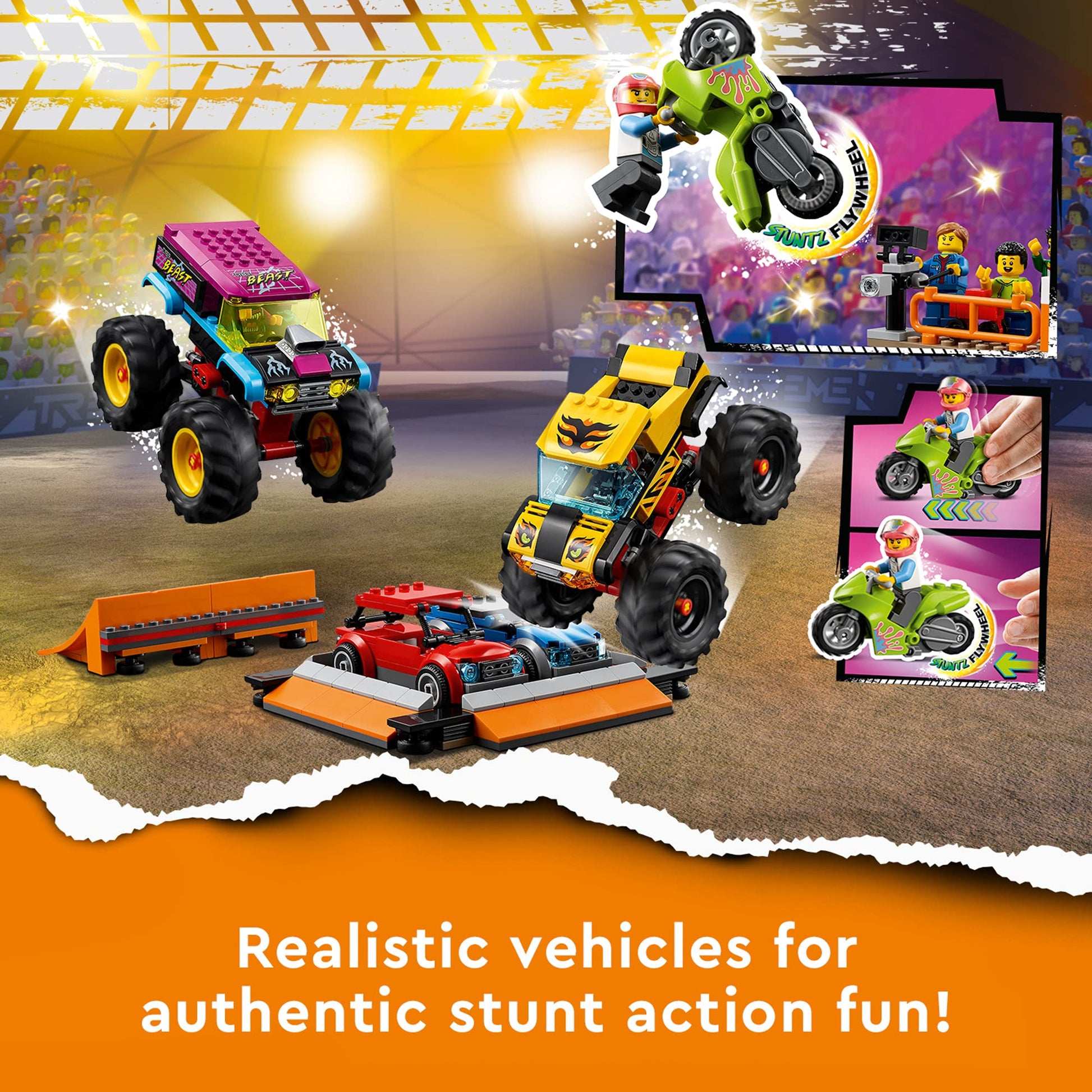 LEGO City Stunt Show Arena 60295 Building Toy Set with 2 Monster Trucks, 2 Collapsible Cars, a Flywheel-Powered Stunt Bike, Launch Ramps, Ring of fire