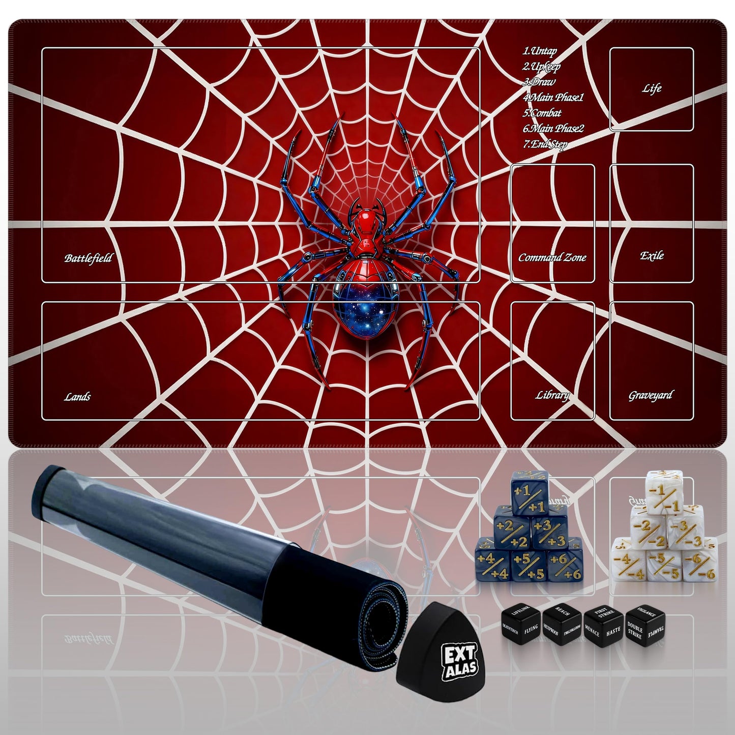 Extalas MTG Playmat with Storage Tube & 7-Dice Set - Waterproof TCG Playmat with Stitched Edges, Non-Slip Rubber Card Game Mat (24"x14") (playmat