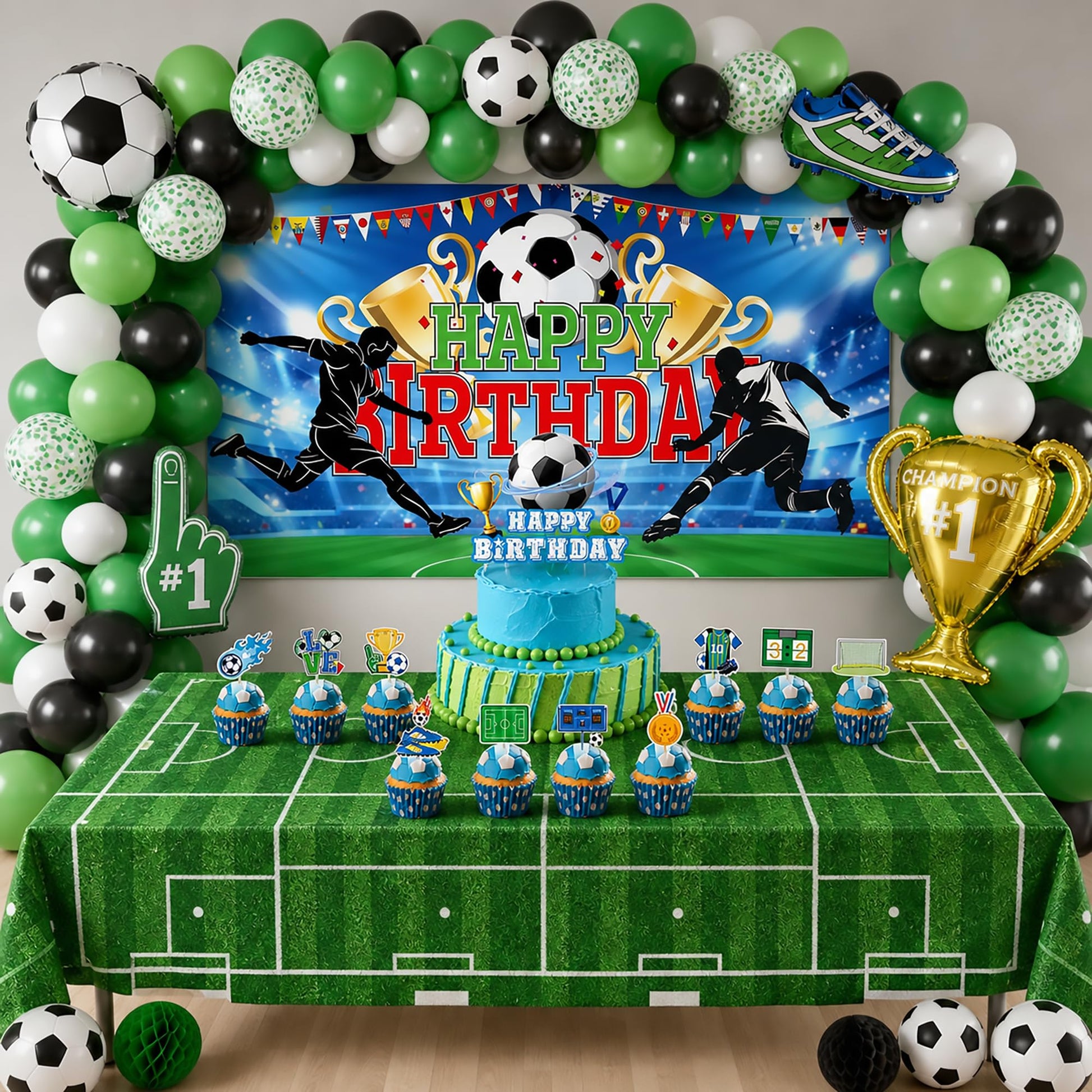 128Pcs Soccer Birthday Party Decorations Set - Football Theme Party Supplies with Backdrop, Balloon Arch Kit, Banner, Cake Topper & Tablecloth