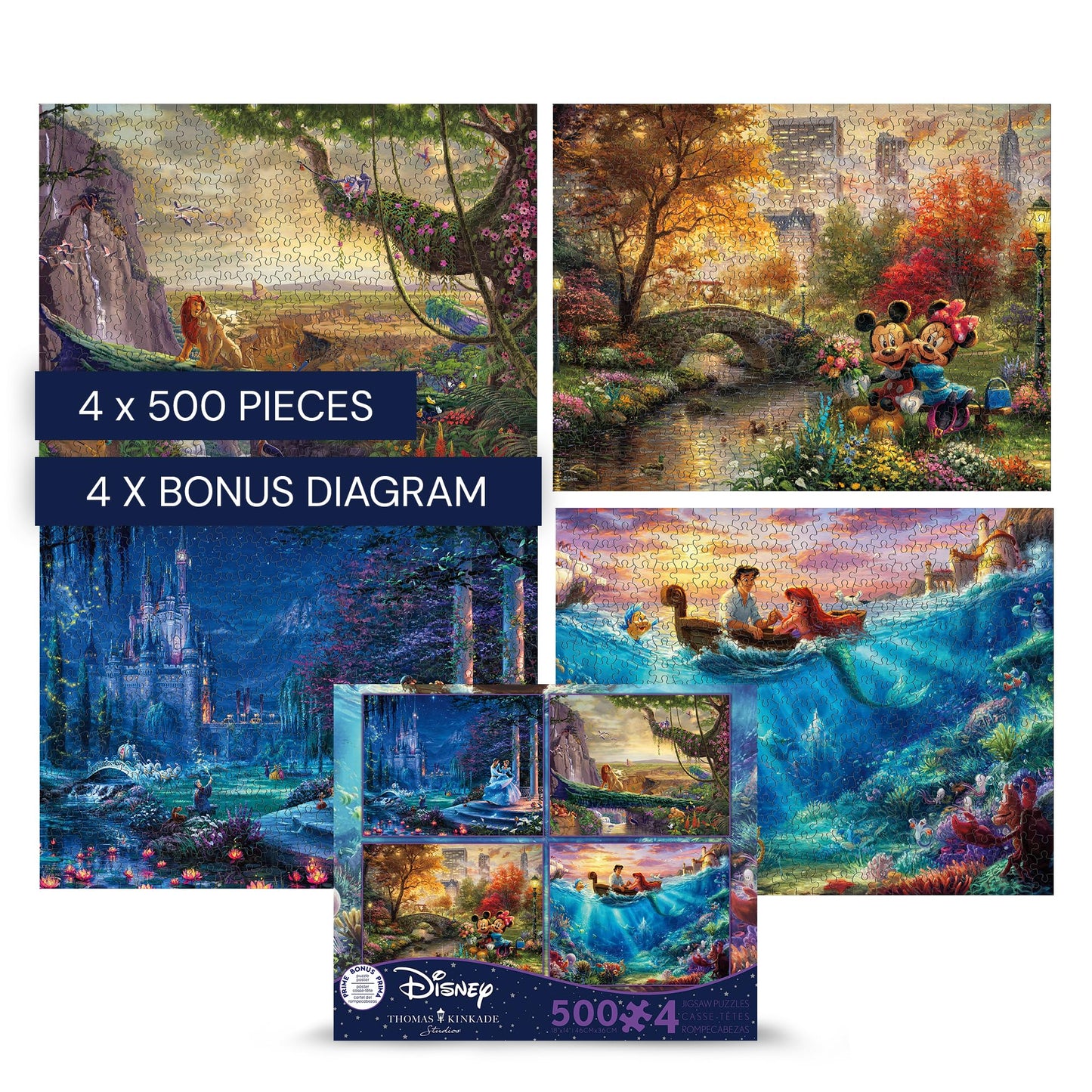 Ceaco - 4 in 1 Multipack - Thomas Kinkade - Disney Dreams Collection - Cinderella, The Lion King, Mickey and Minnie, & The Little Mermaid - (4) 500