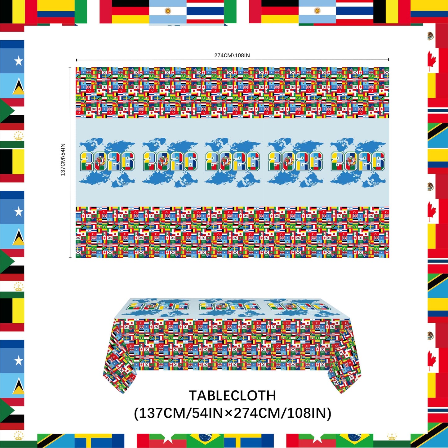 3 Packs 2026 International Football Tournament Tablecloths 108 x 54 Inch Global Flags Soccer Theme Party Table Covers Disposable Waterproof Plastic