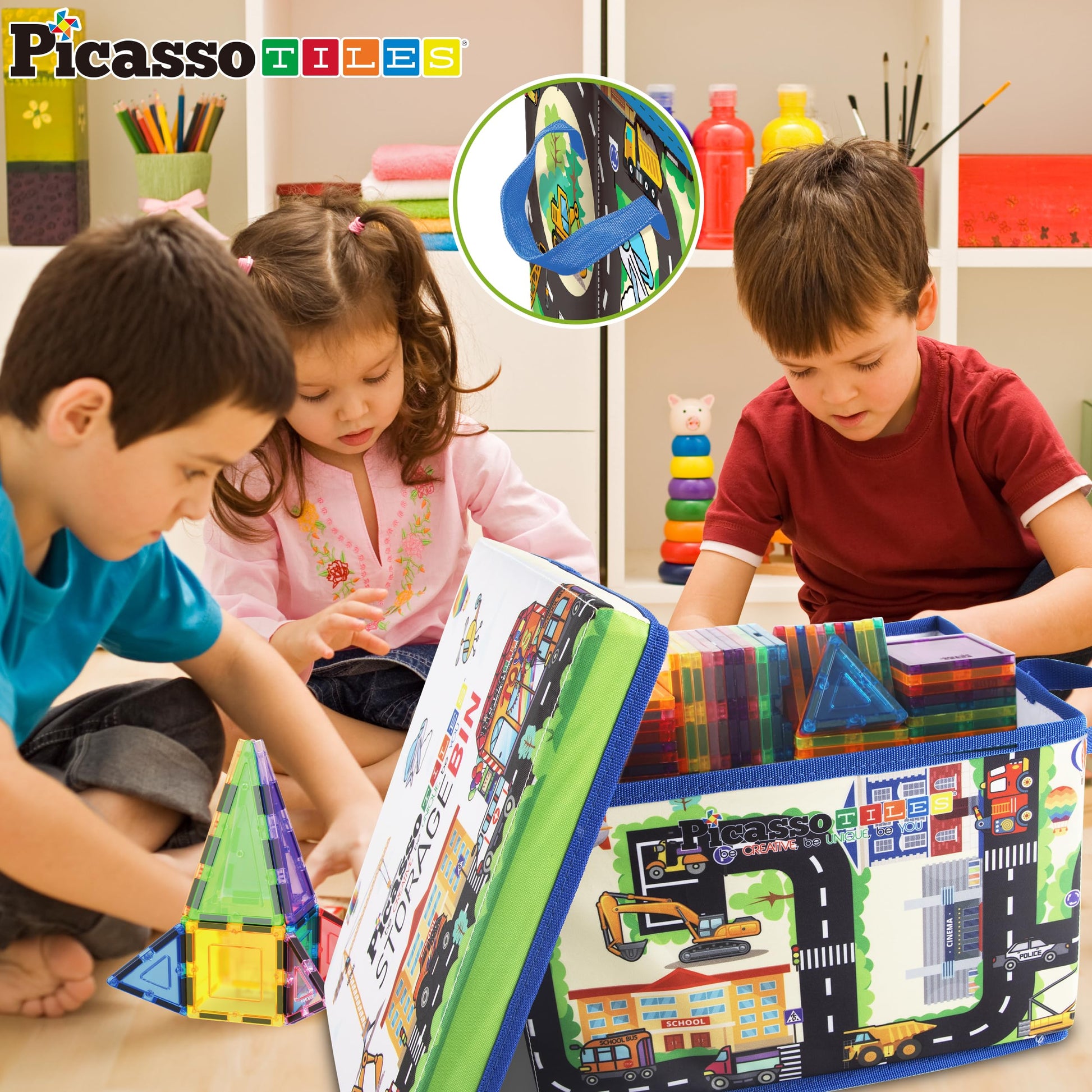 PicassoTiles Magnet Tile Toy Organizer Foldable City Theme Storage Bin Box with Lid and Handles Magnetic Tiles Building Blocks STEM Educational