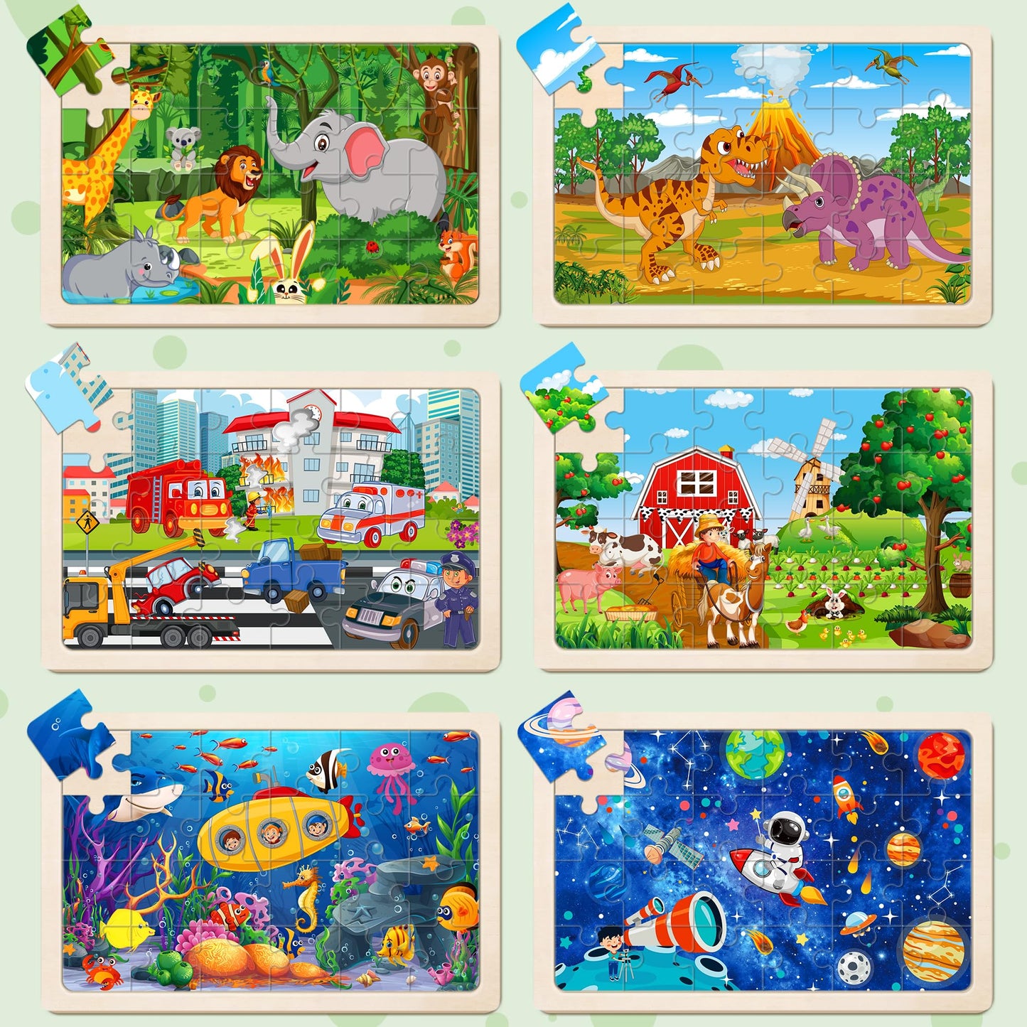 6 Packs Puzzles for Kids Ages 4-6,24Pcs Wooden Puzzles for Kids Ages 3-5,Dinosaur Animals Vehicle Space Farm Jigsaw Puzzles,Preschool Educational Toys