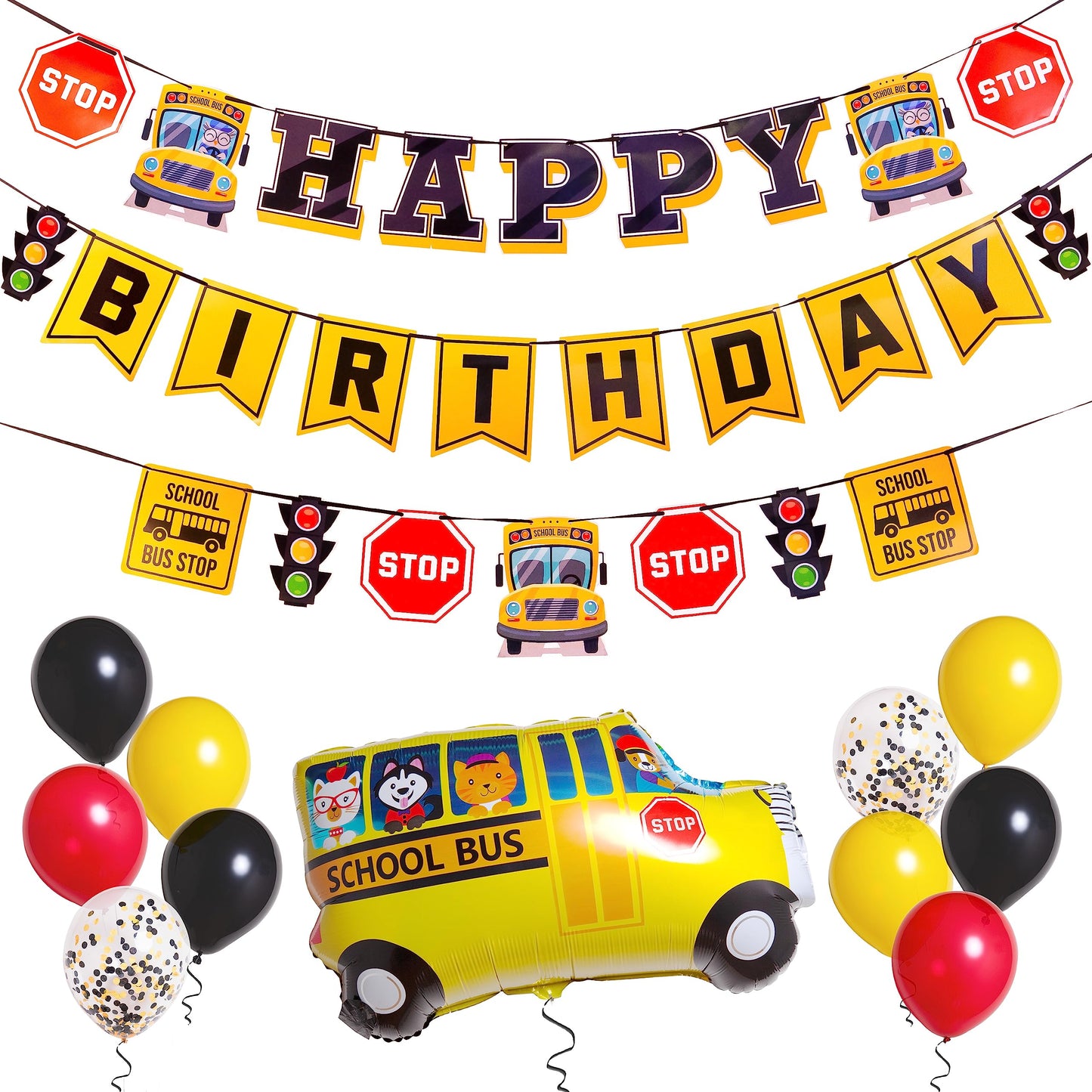 Pirese Wheels on the Bus Birthday Banner Kit, School Bus Party Decorations with Balloons, Yellow Bus Theme Decor for Kids Birthday Party