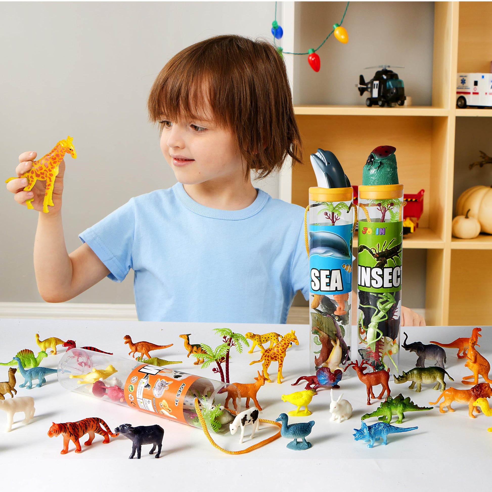 JOYIN 69 Pcs Small Animal Figures, Mini Jungle Toy Set with Sensory Bin, Realistic Wild Forest Playset, Zoo, Ocean, Farm Animals Figurines, Dinosaur