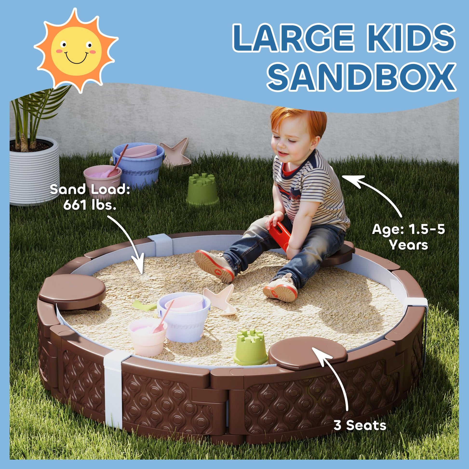 Qaba Kids Sandbox with Cover Round 47" HDPE Sand Pit 3 Seats Brown