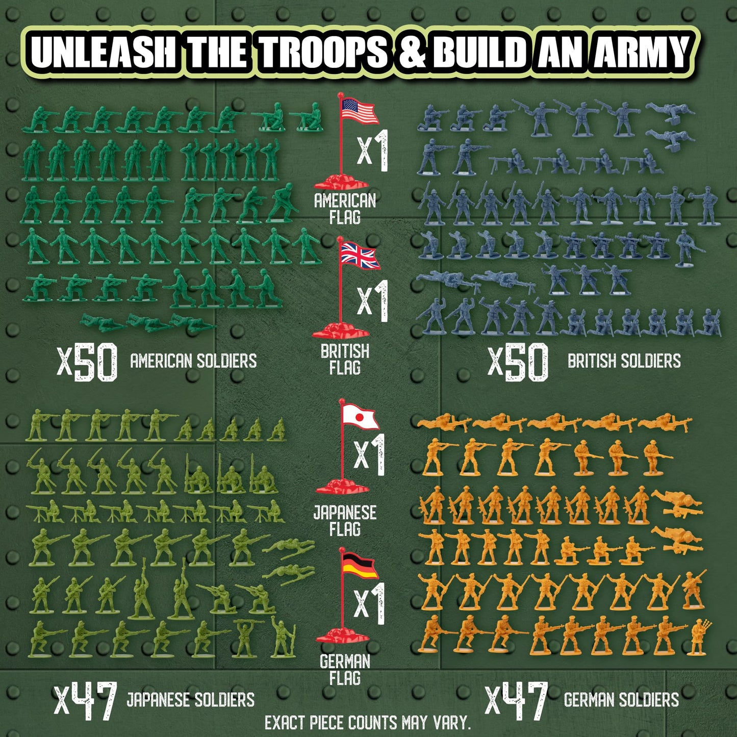 World War II Army Men Toy Action Figure Playset- 200pc Including Soldiers & Flags from The US, Great Britain, Germany & Japan Posed in Realistic