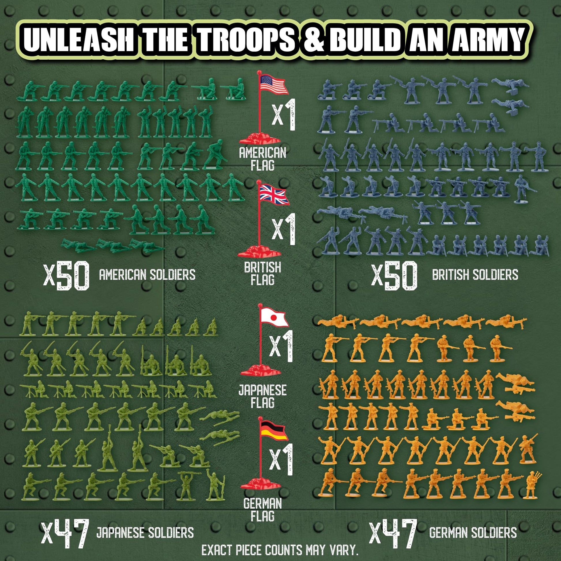 World War II Army Men Toy Action Figure Playset- 200pc Including Soldiers & Flags from The US, Great Britain, Germany & Japan Posed in Realistic