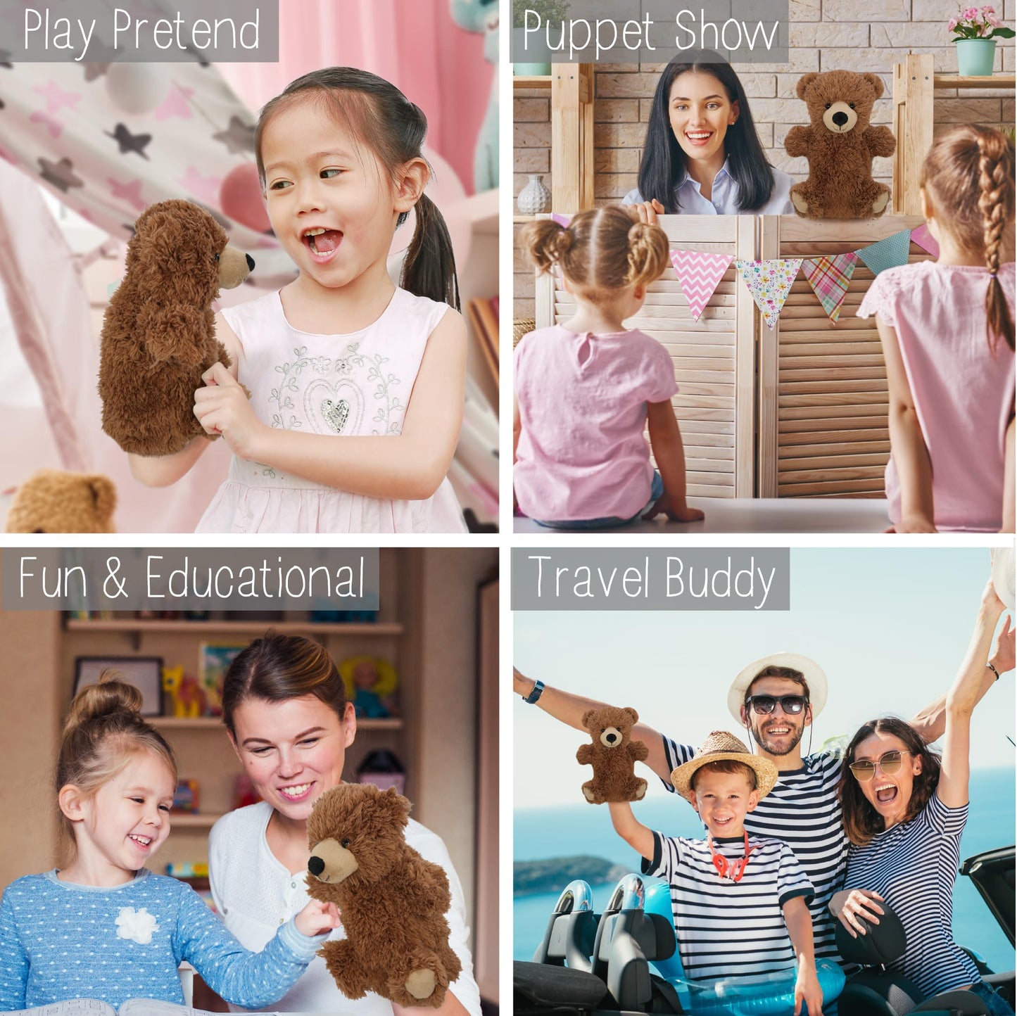 DolliBu Grizzly Bear Plush Hand Puppet - Super Soft Stuffed Animal Grizzly Bear Puppet Toy for Kids, Educational Cute Plush Puppets for Teaching